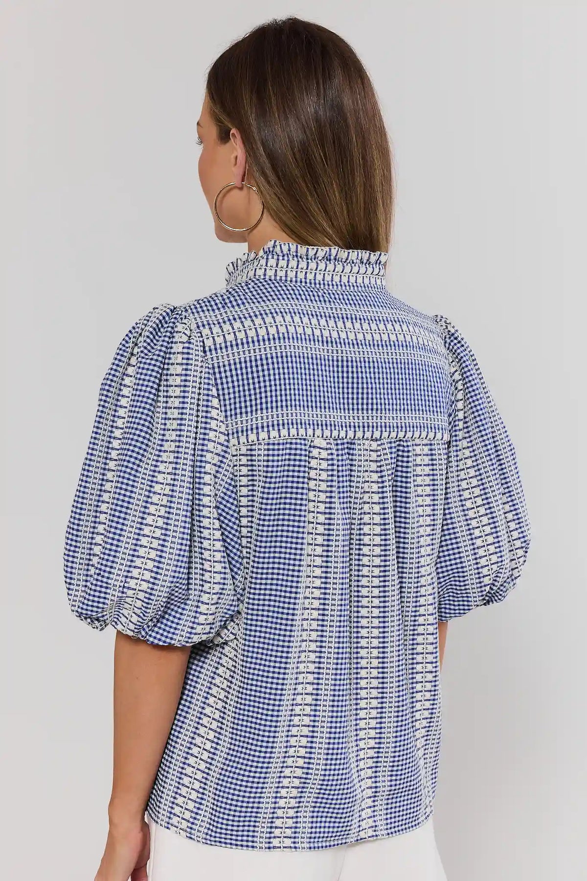 Winnie Blue Gingham Embroidered Top by THML - Back View, Puff Sleeves & Ruffle Collar | Avara