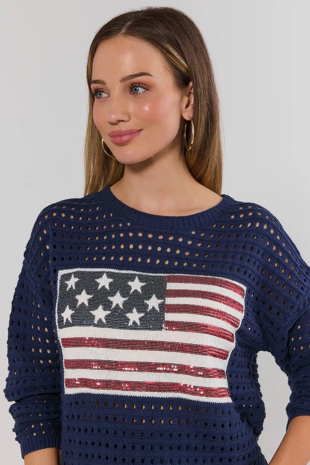 Starla Navy Crochet Sweater with sequin American flag detail - Close-Up Front | Avara