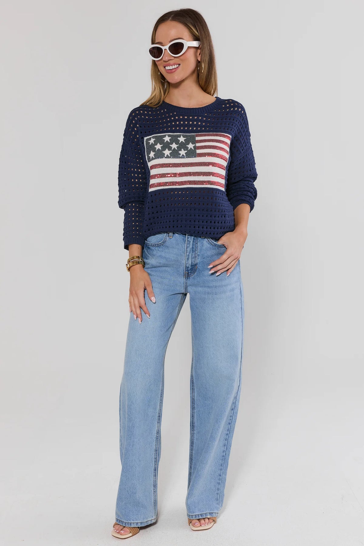Starla Navy American Flag Crochet Sweater with light jeans and sunglasses - Styled Look | Avara