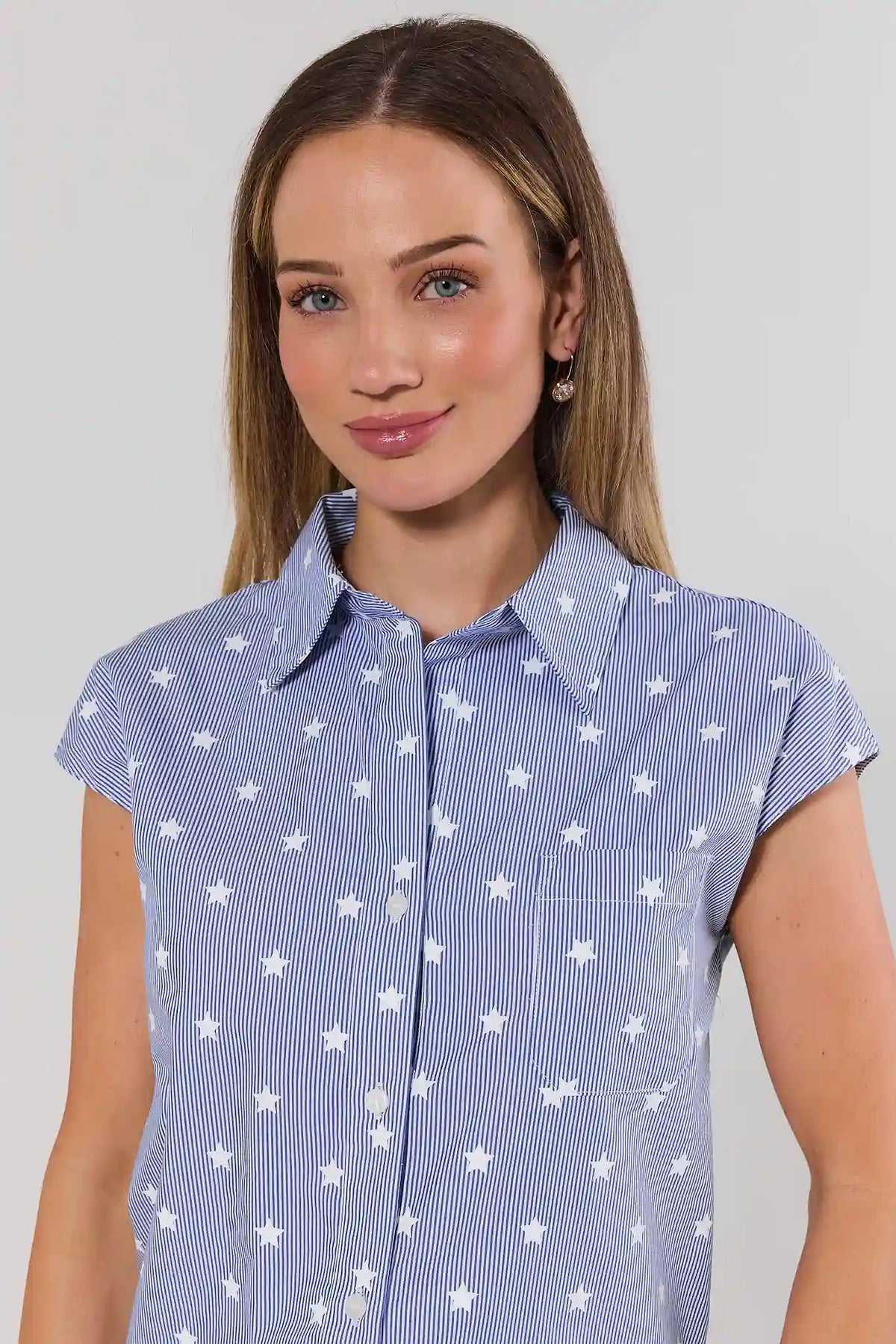 Blue pinstriped star print button-up top with chest pocket - Close-Up Detail | Avara