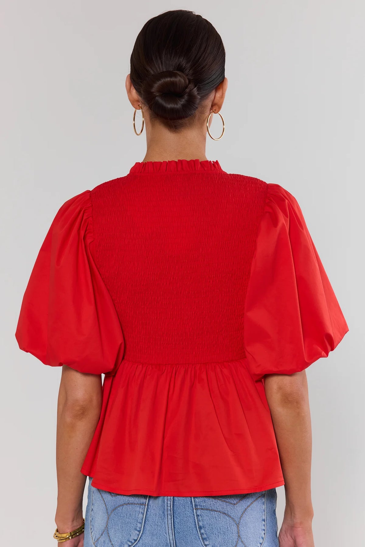 Red peplum top smocked back with ruffle collar and puff sleeves - Back View | Avara