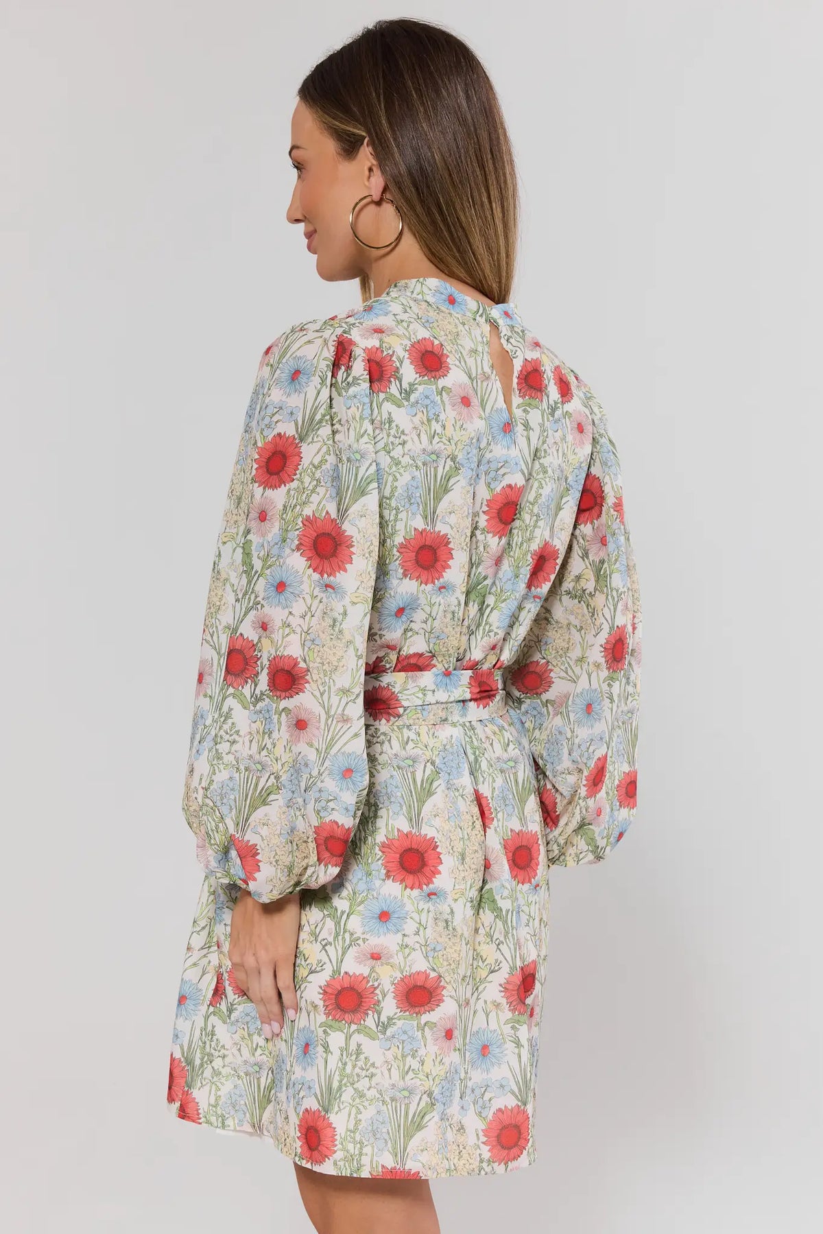 Multi Floral Print Short Dress - Back View, Red & Blue Wildflower Print Short Floral Dress | Avara