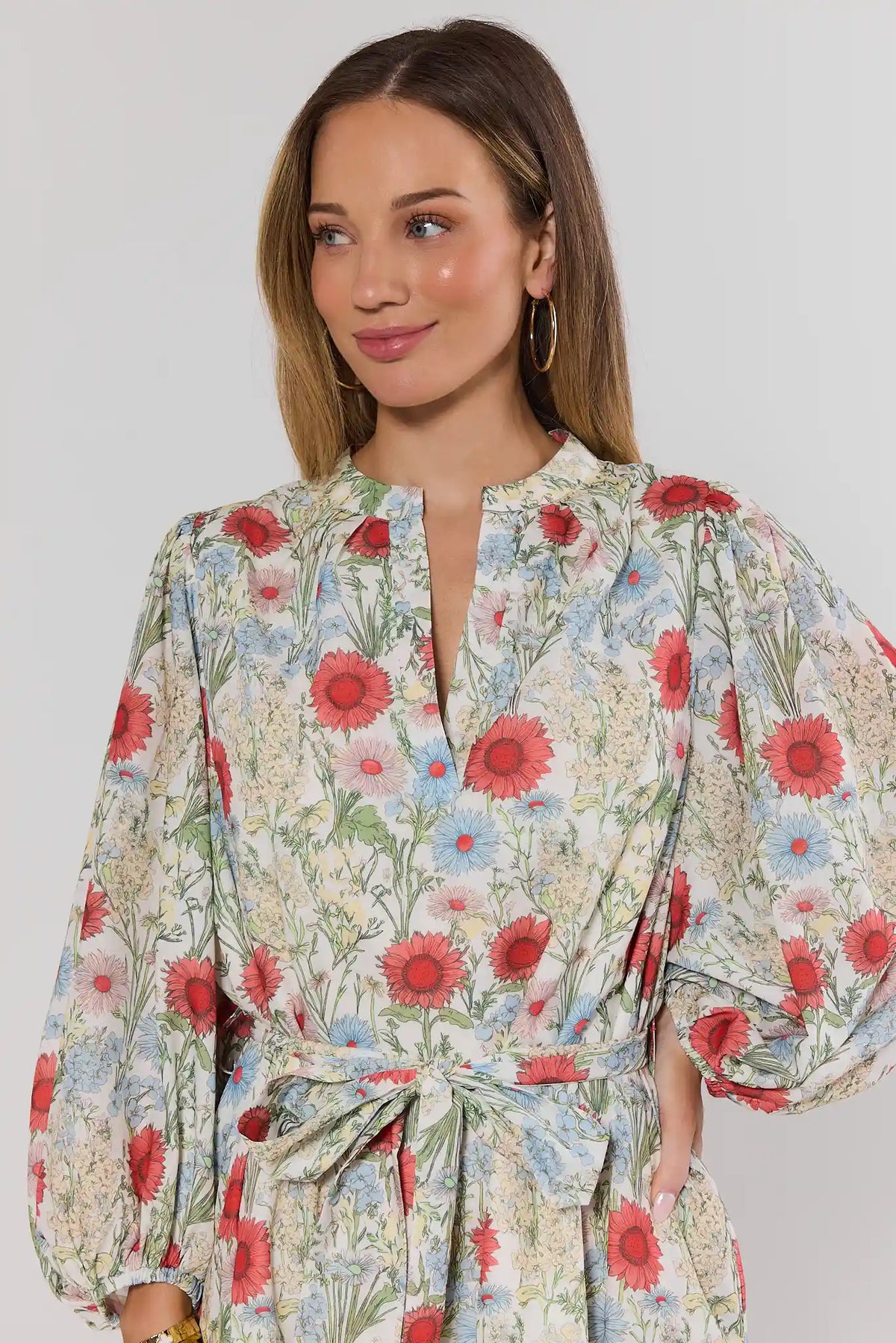 Multi Floral Print Short Dress - Close-Up of Red & Blue Wildflower Print with Tie Waist | Avara
