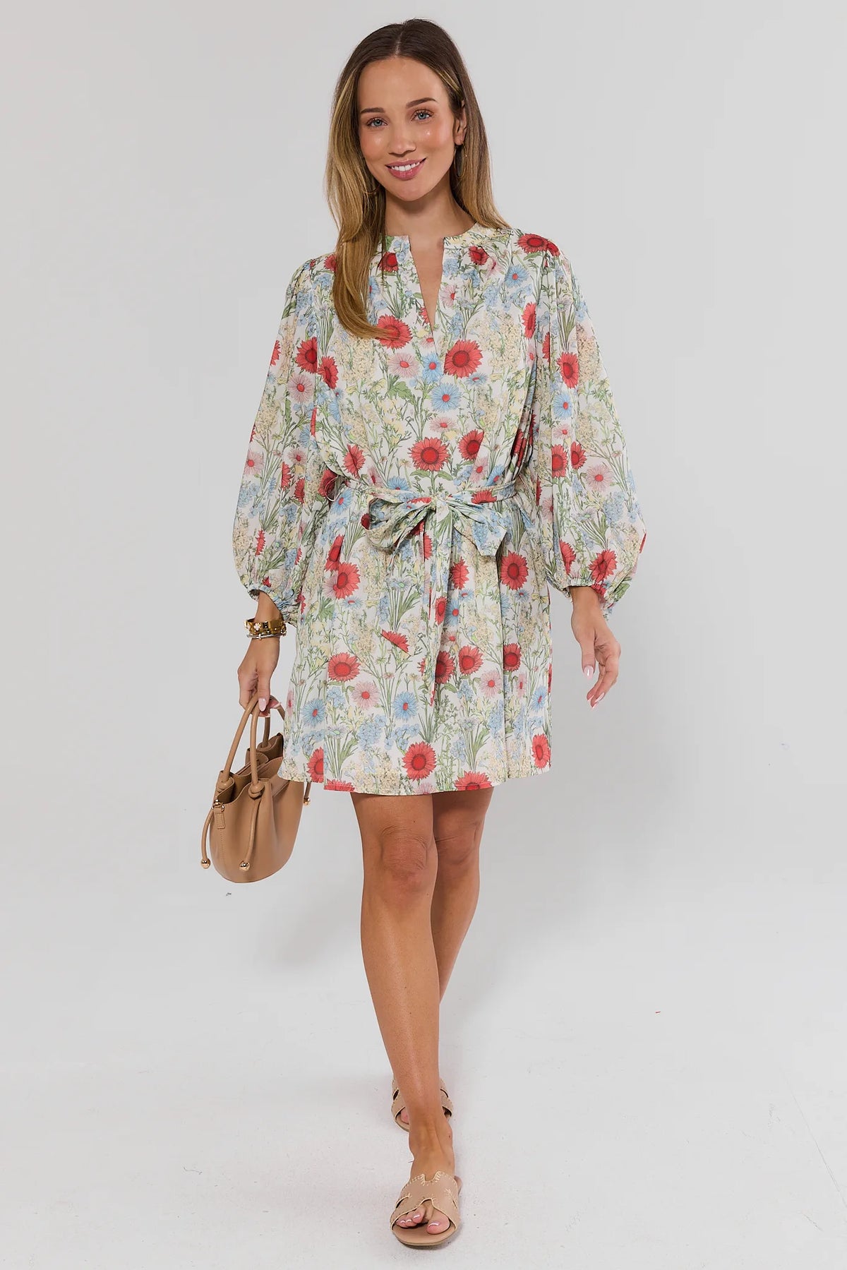 Multi Floral Print Short Dress - Full Length Front, Styled with Sandals & Tan Bucket Bag | Avara
