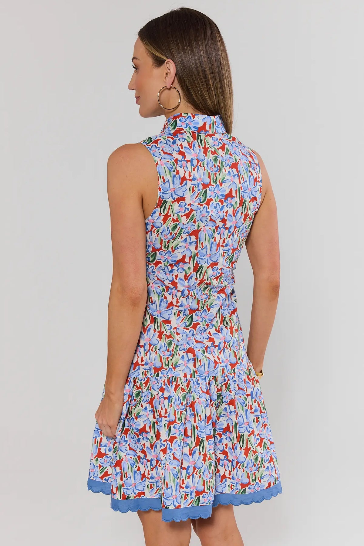 Blue Floral Drop Waist Short Dress scallop hem and drop-waist tier - Back View | Avara