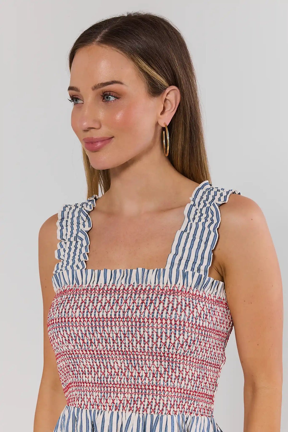Teagan Smocked Midi Dress by THML - Red & Blue Contrast Smocking and Ruffle Strap Close-Up Detail | Avara