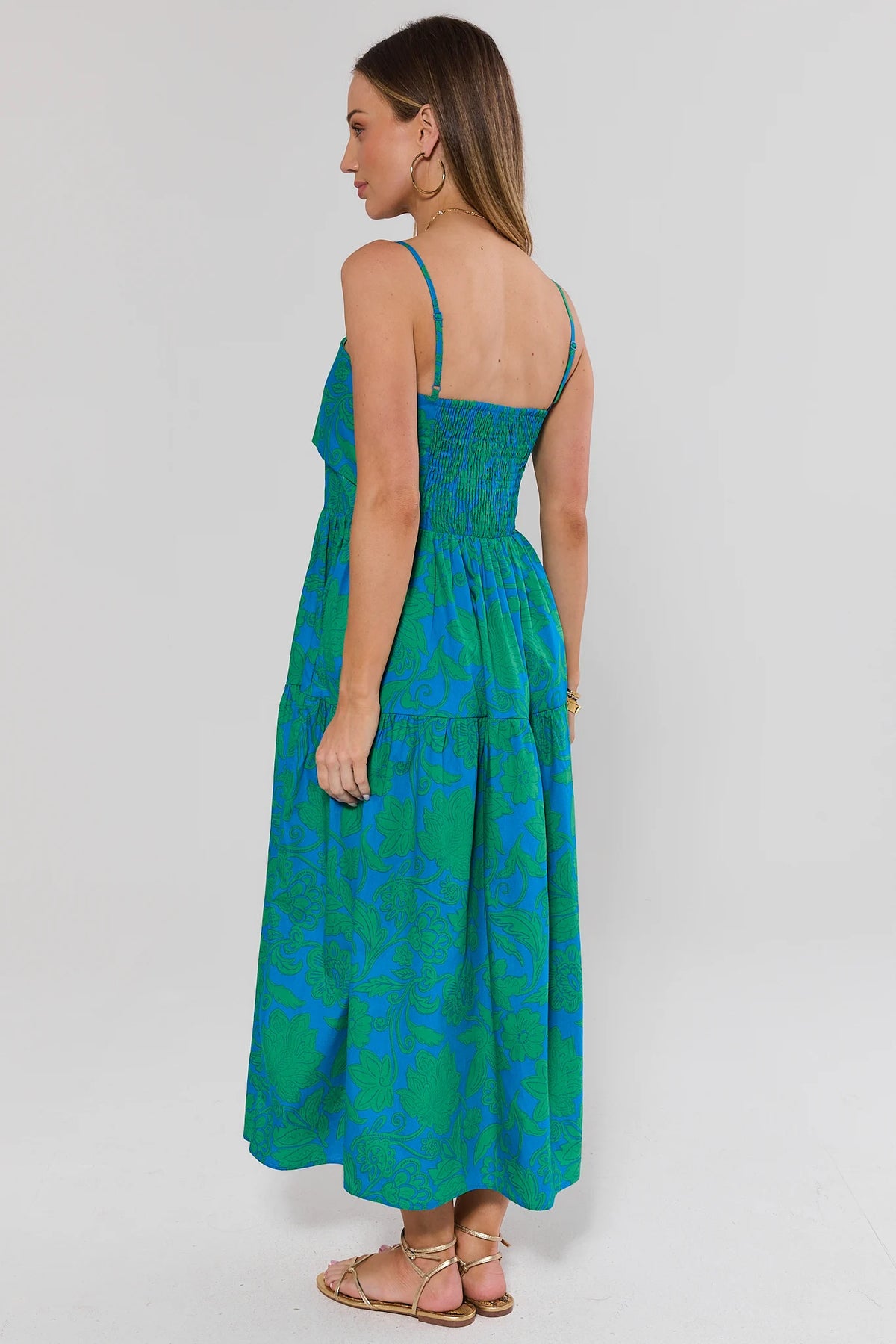 Blue Green Floral Print Midi Dress - Back View, Smocked Back Detail | Avara