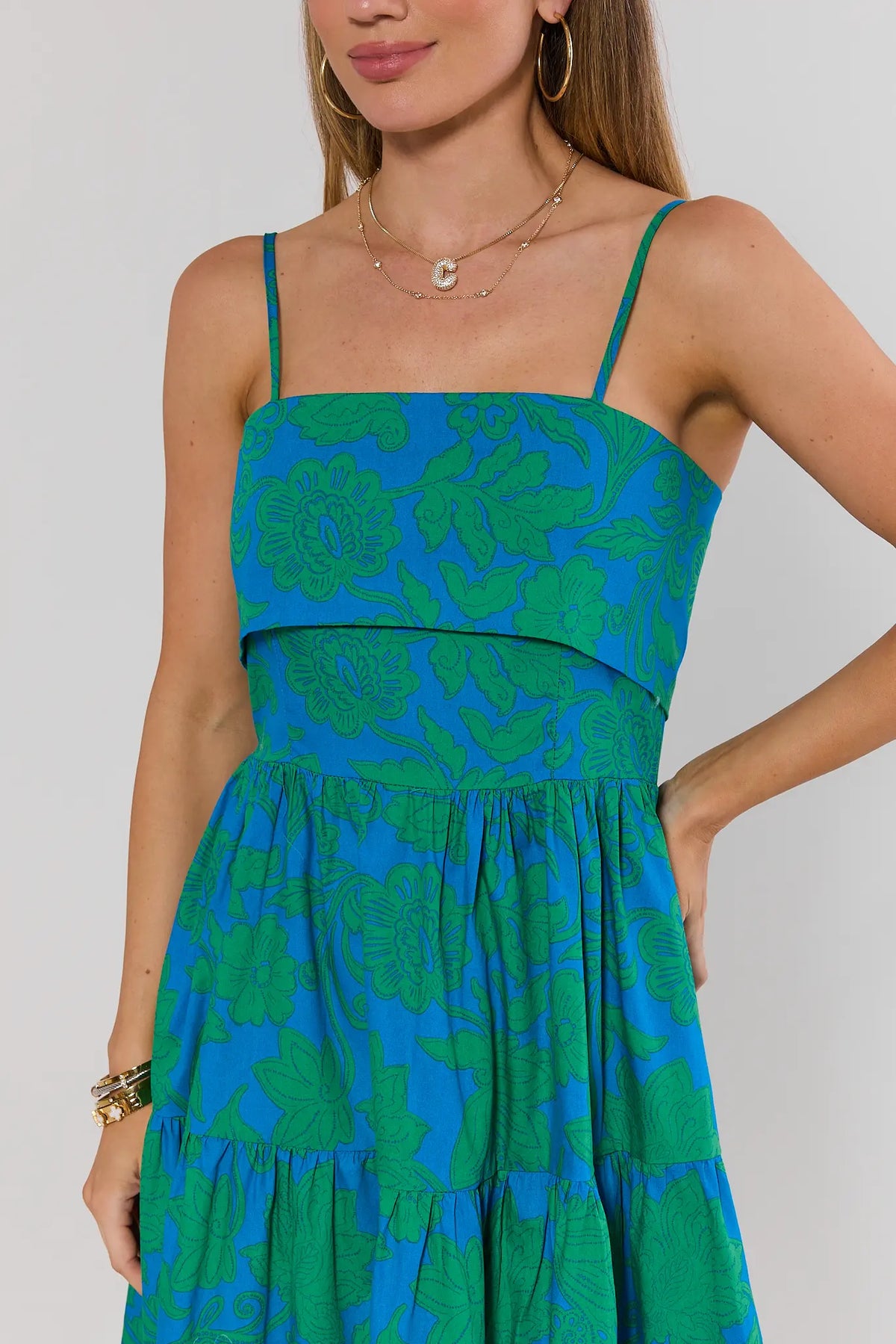 Blue Green Floral Midi Dress - Close-Up Bodice Detail, Square Neckline | Avara