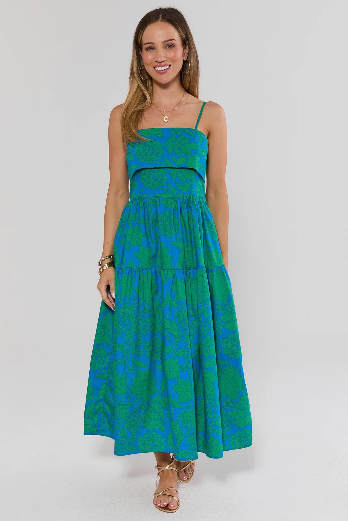 Blue Green Floral Print Midi Dress - Front View, Tiered Skirt On Model | Avara