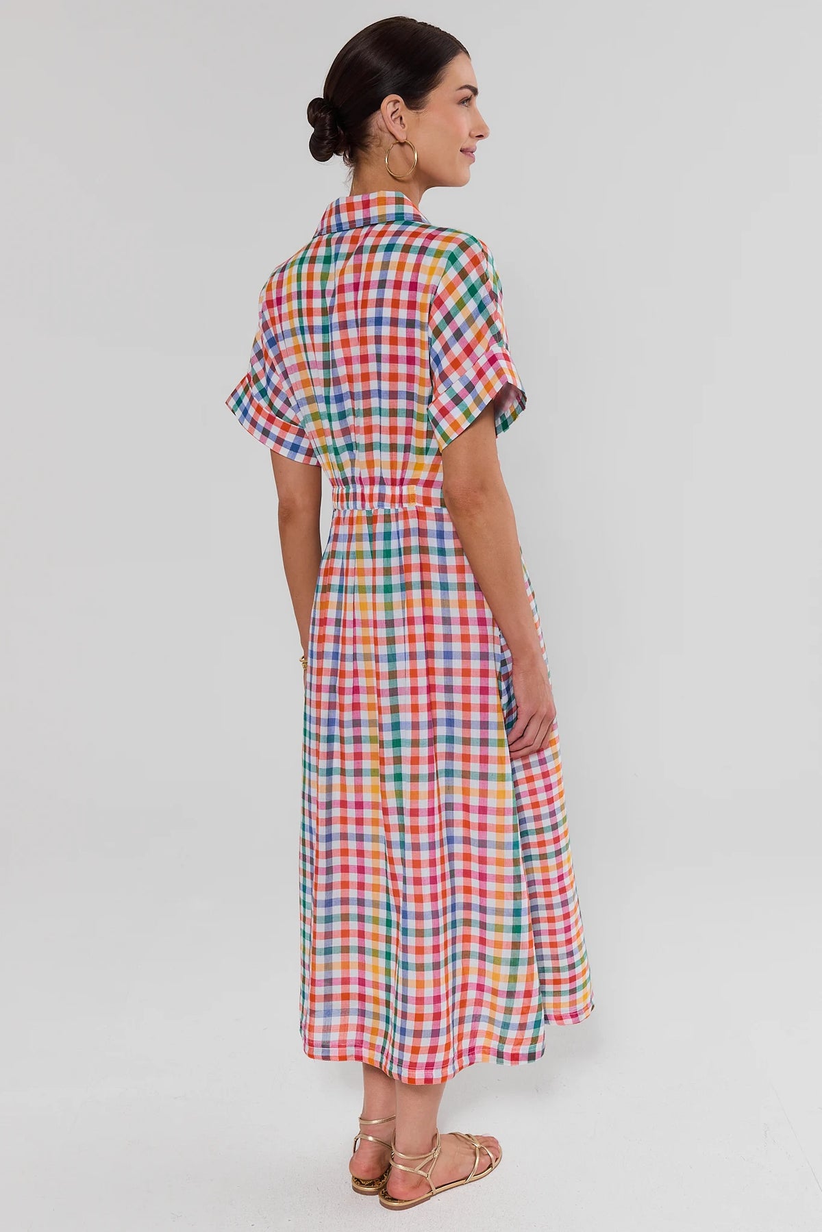 Multi gingham maxi dress by THML, back view showing pleated waist and flowy A-line skirt | Avara