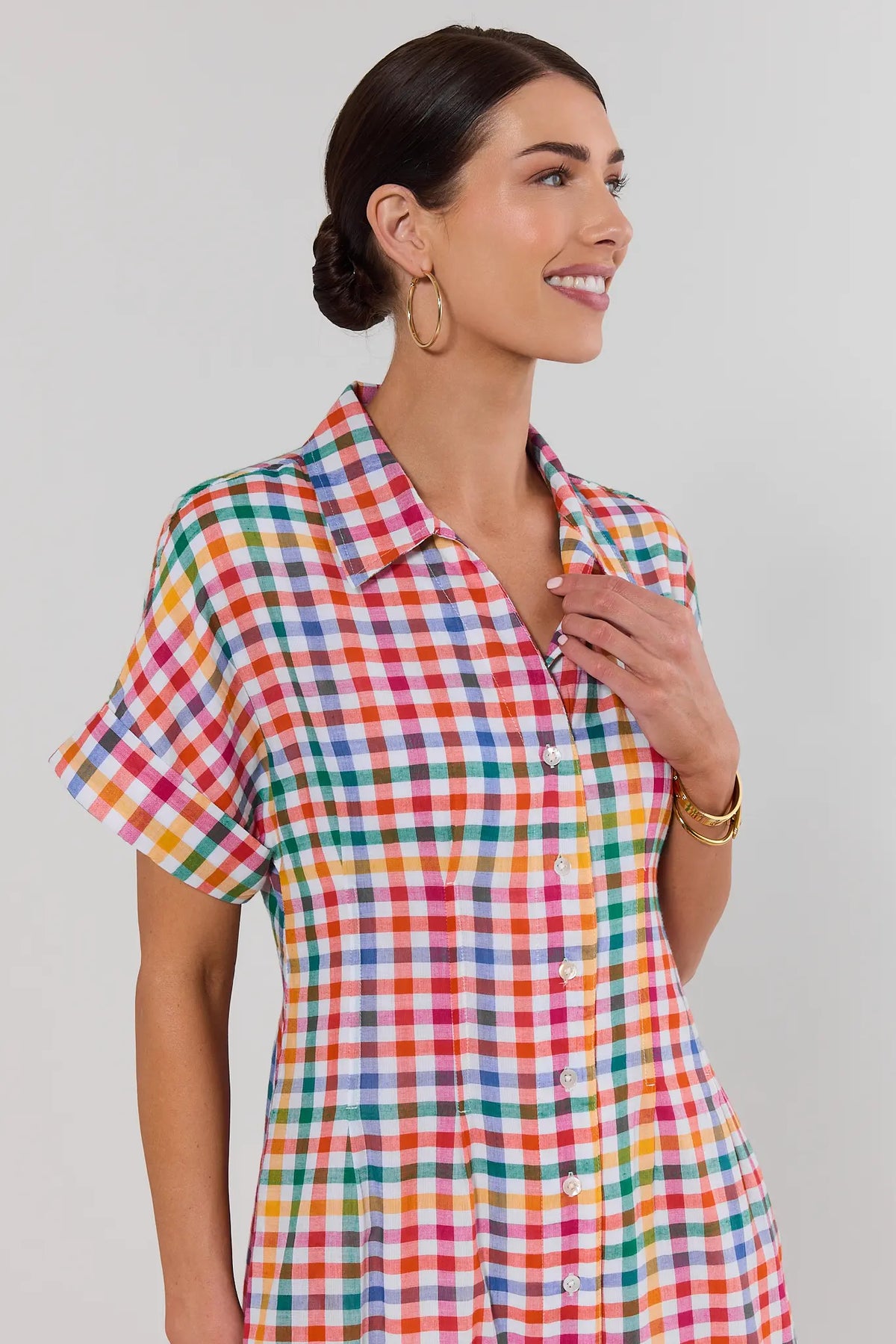 THML colorful gingham maxi dress close-up showing spread collar and button-front detail | Avara