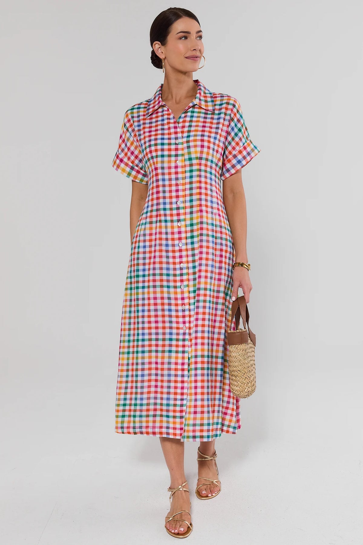 Multicolor gingham maxi dress by THML, front view with woven bag, modest short sleeves | Avara