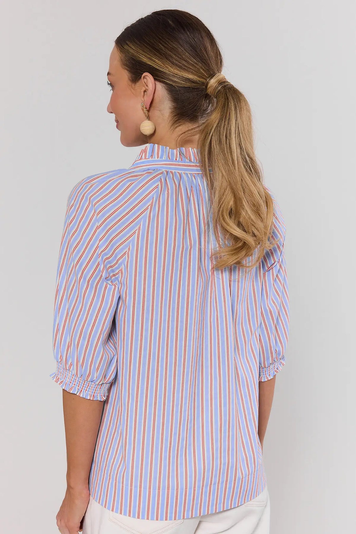Merrick Blue Striped Split Neck Top with gathered back yoke and smocked cuffs - Back View | Avara