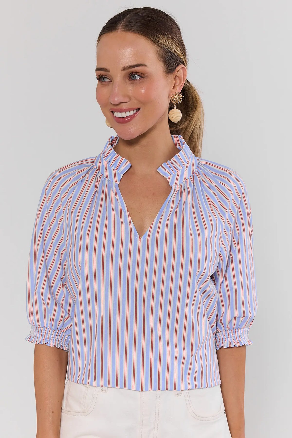 Merrick Blue Striped Split Neck Top with puff sleeves - Front View on Model | Avara