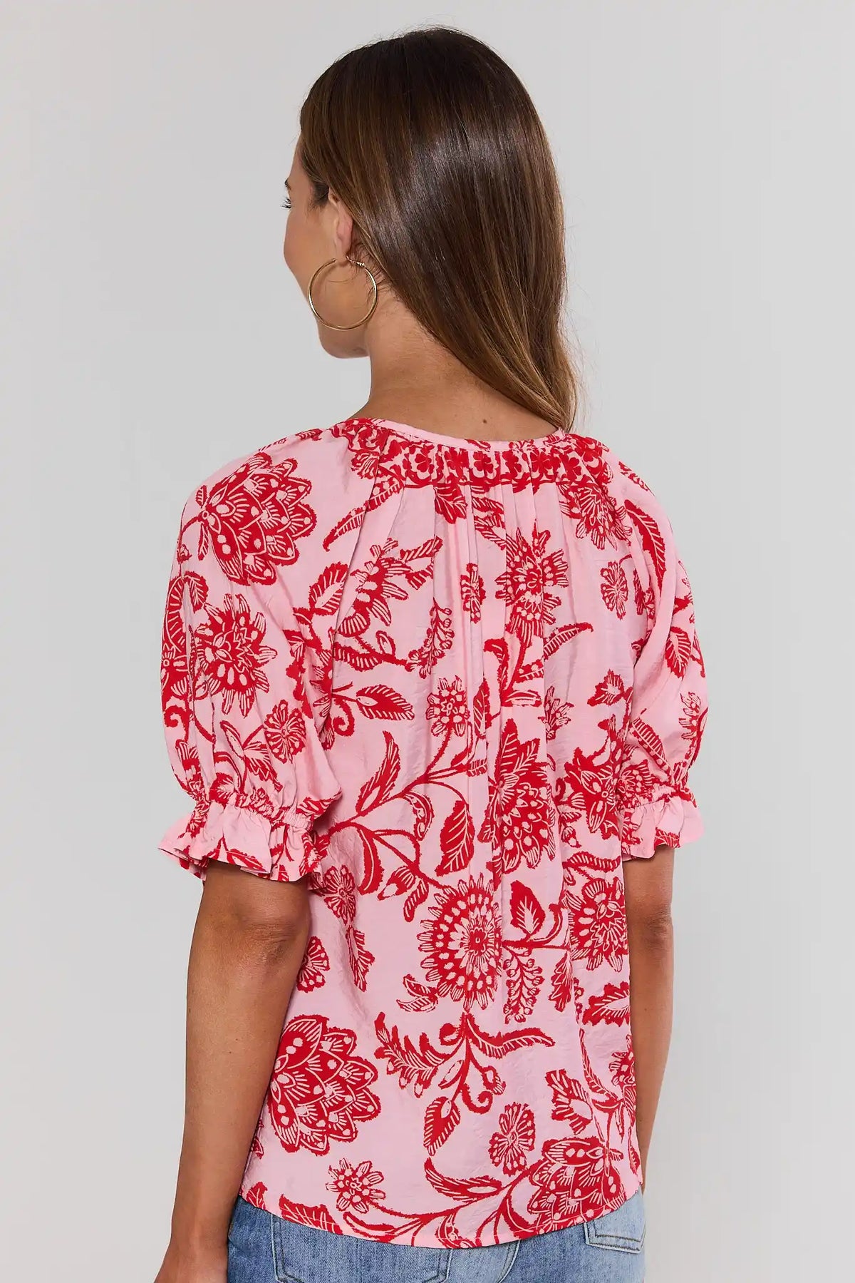Pink Floral Button Up Top with red botanical print, puff sleeves - Back View | Avara