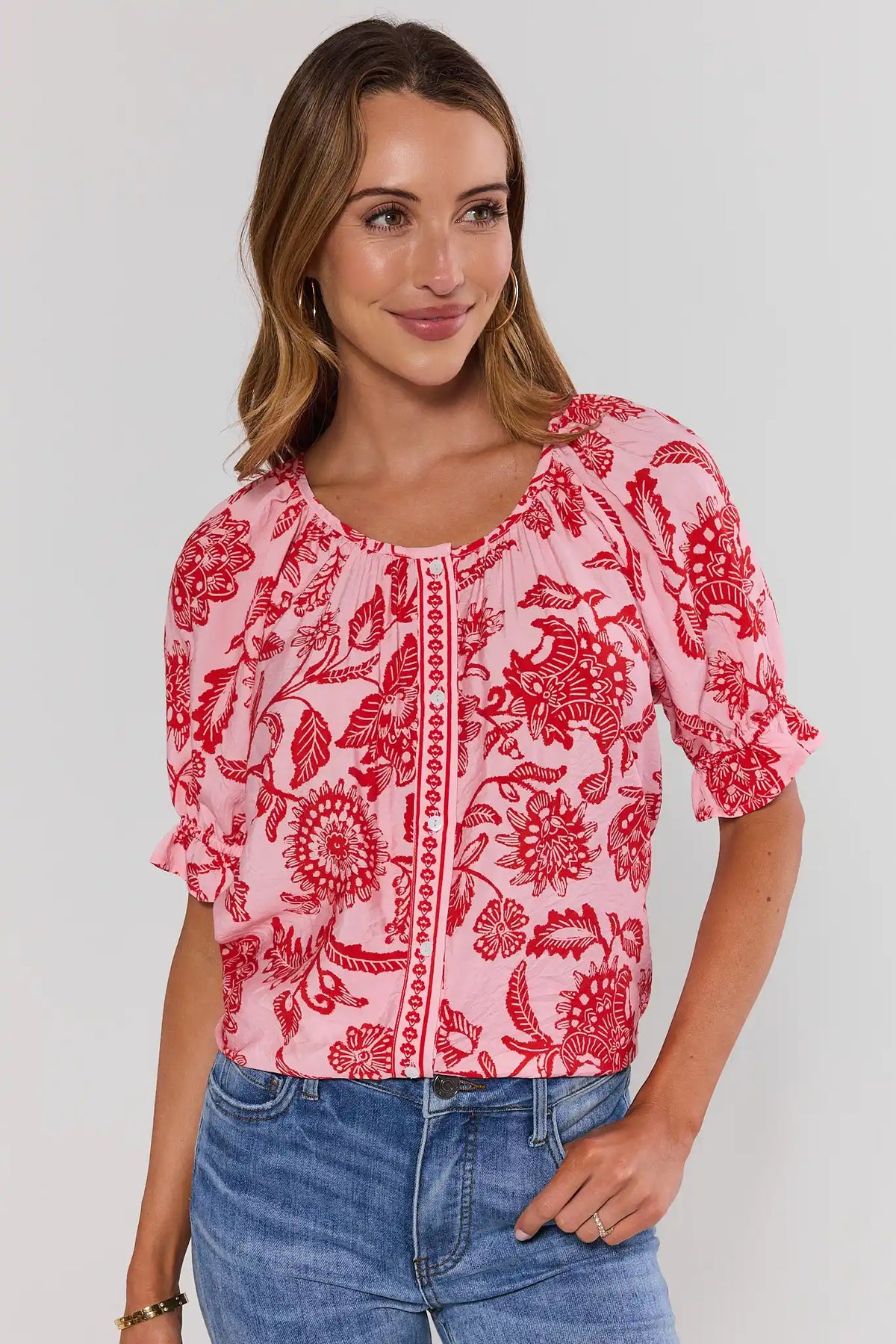 Pink Floral Button Up Top with red print, scoop neck, puff sleeves - Front View | Avara