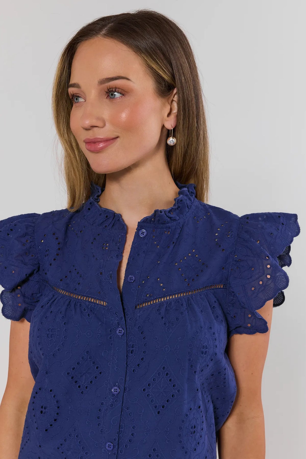 Navy Eyelet Flutter Sleeve Top - Close-Up Detail of Flutter Sleeves and Eyelet Fabric | Avara