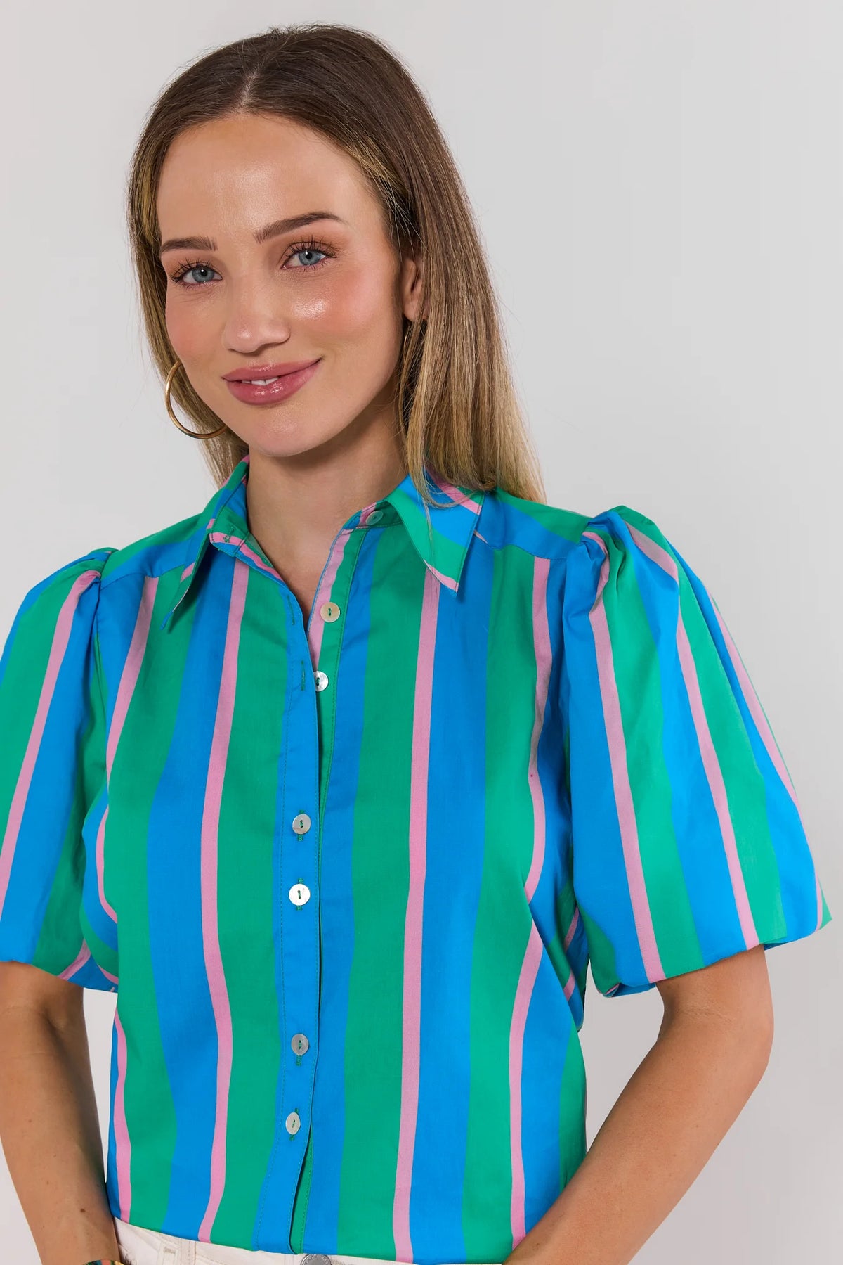 Blue Green Stripe Puff Sleeve Top - Spread Collar & Button Front Close-Up | Avara