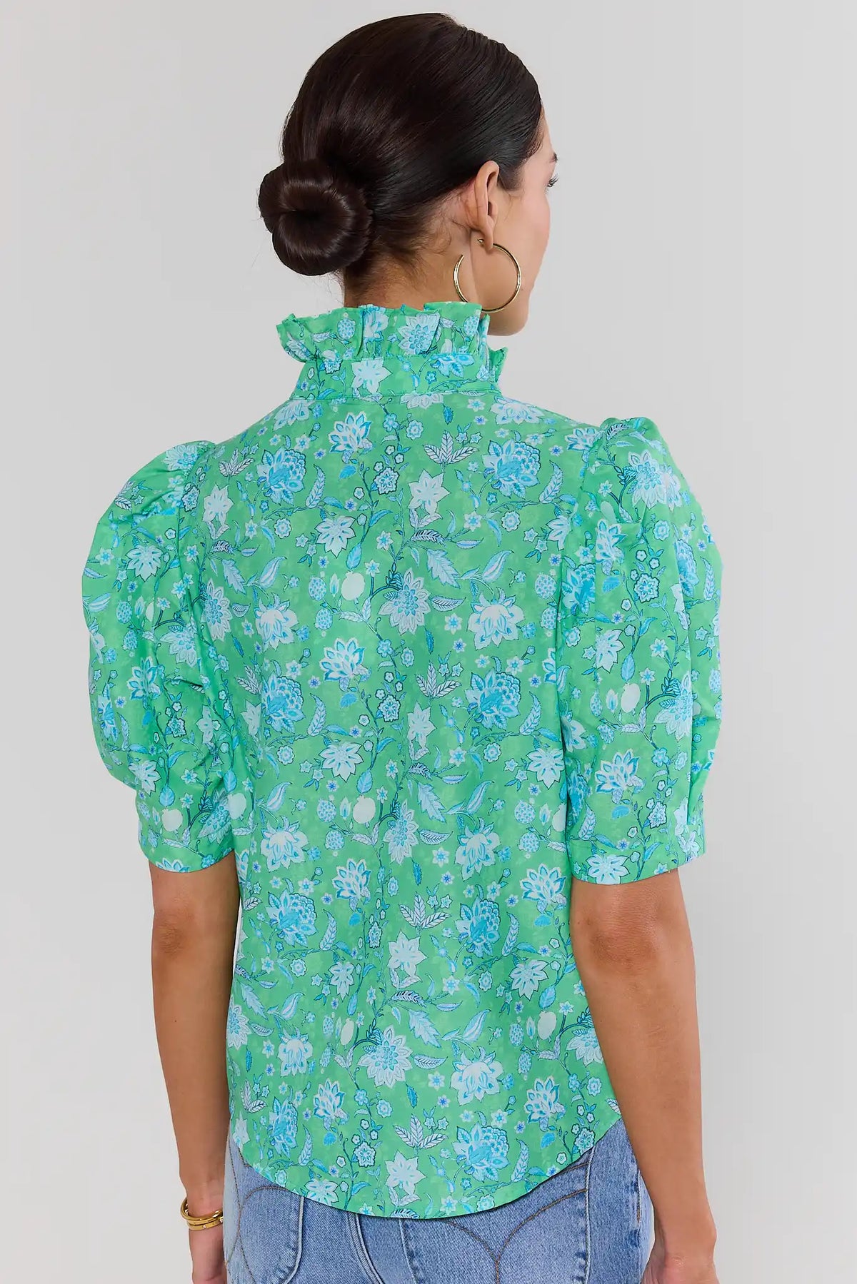 Green floral puff sleeve button-up top showing ruffle collar and back detail - Back View | Avara