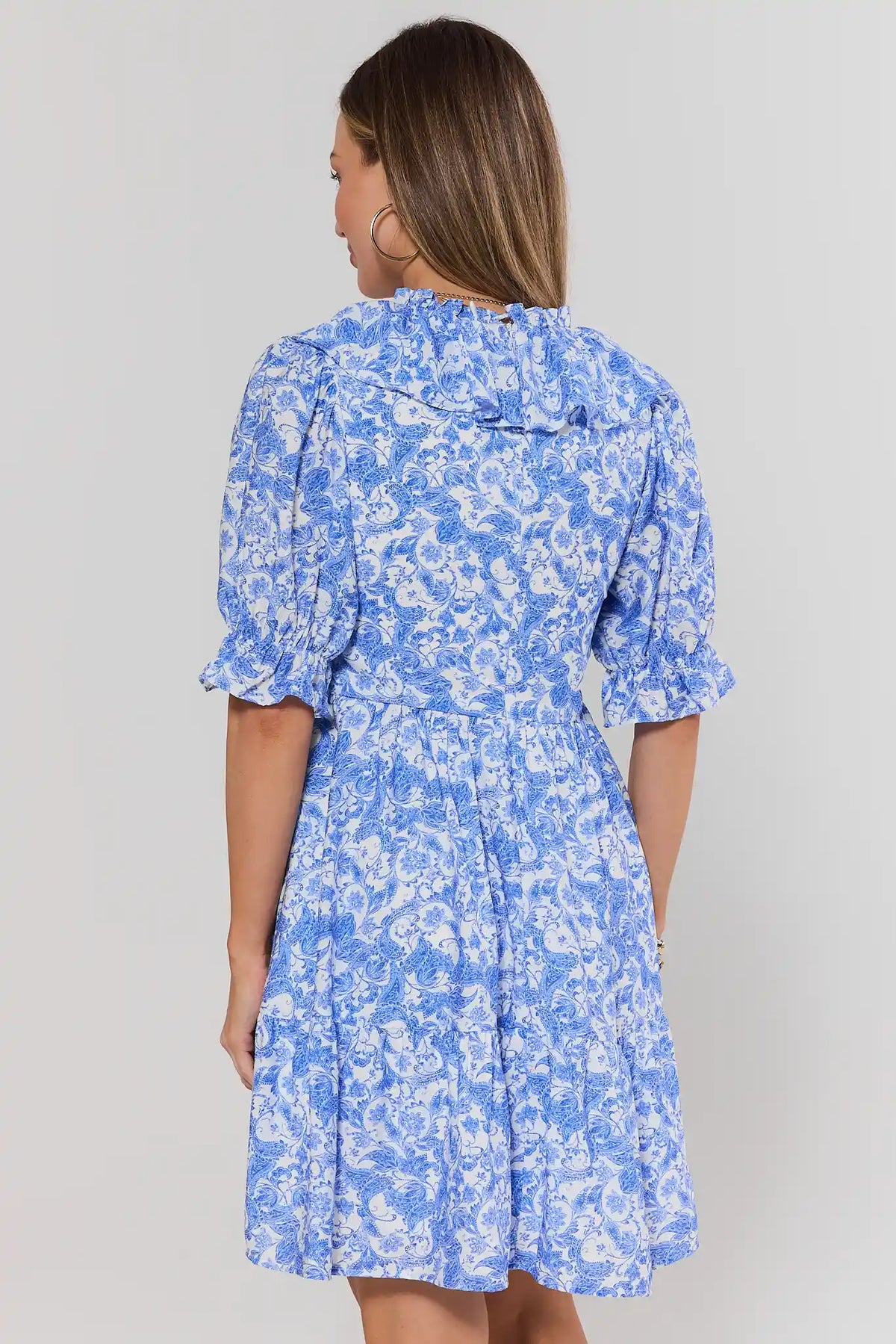 Blue Printed Puff Sleeve Short Dress - Back View On Model | Avara