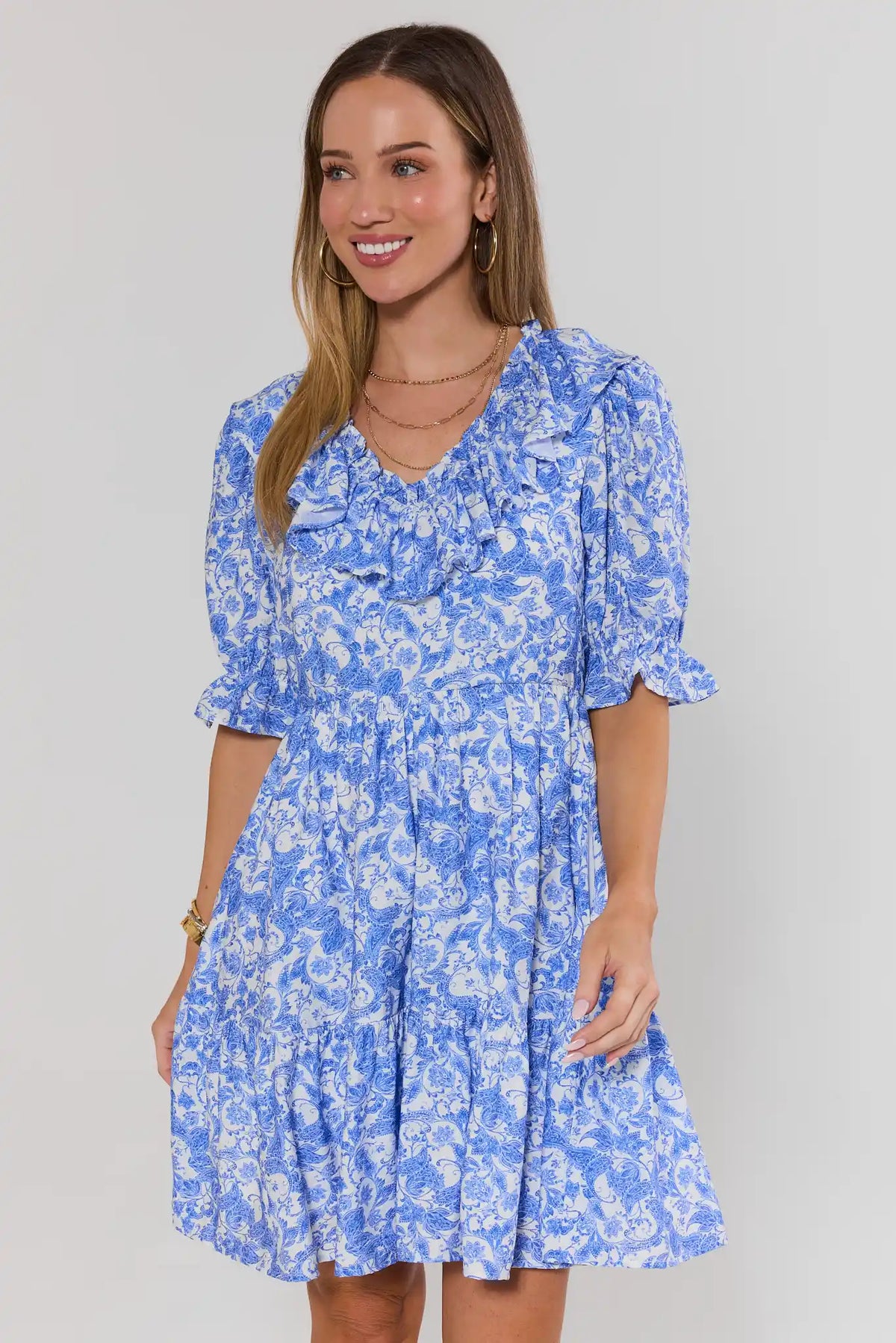 Blue Paisley Print Ruffle Puff Sleeve Short Dress - Front View On Model | Avara