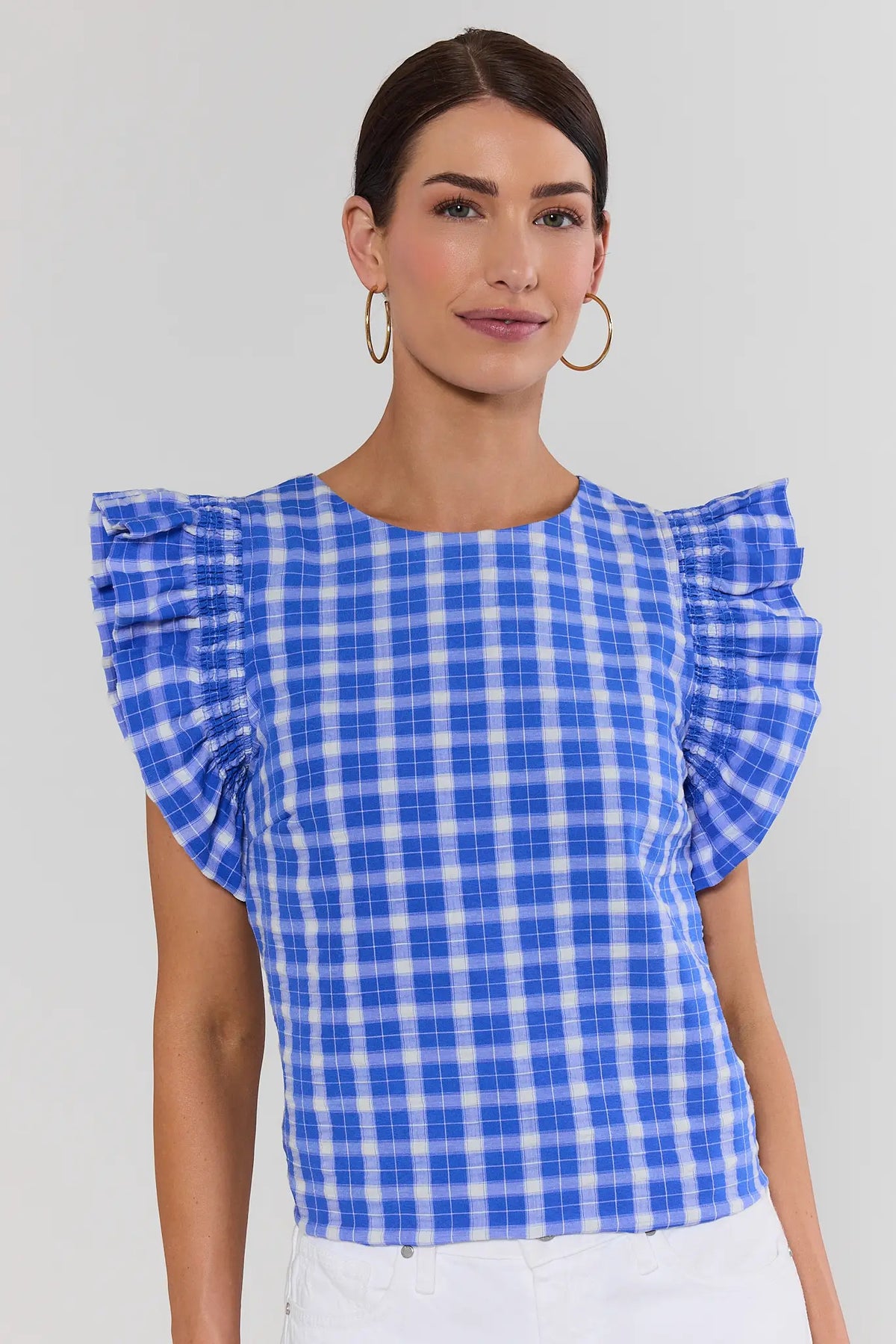 Bethany Blue Gingham Flutter Sleeve Top, front view, smocked ruffle sleeves and round neckline | Avara