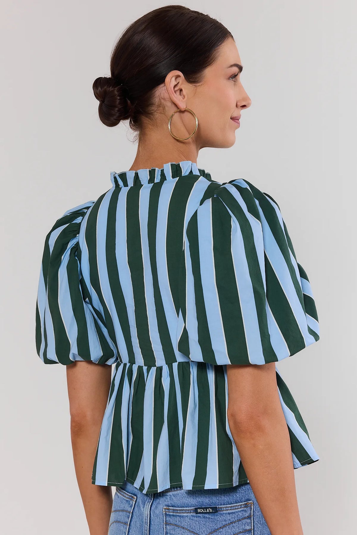 Blue and green striped ruffle peplum top with puff sleeves - Back View | Avara