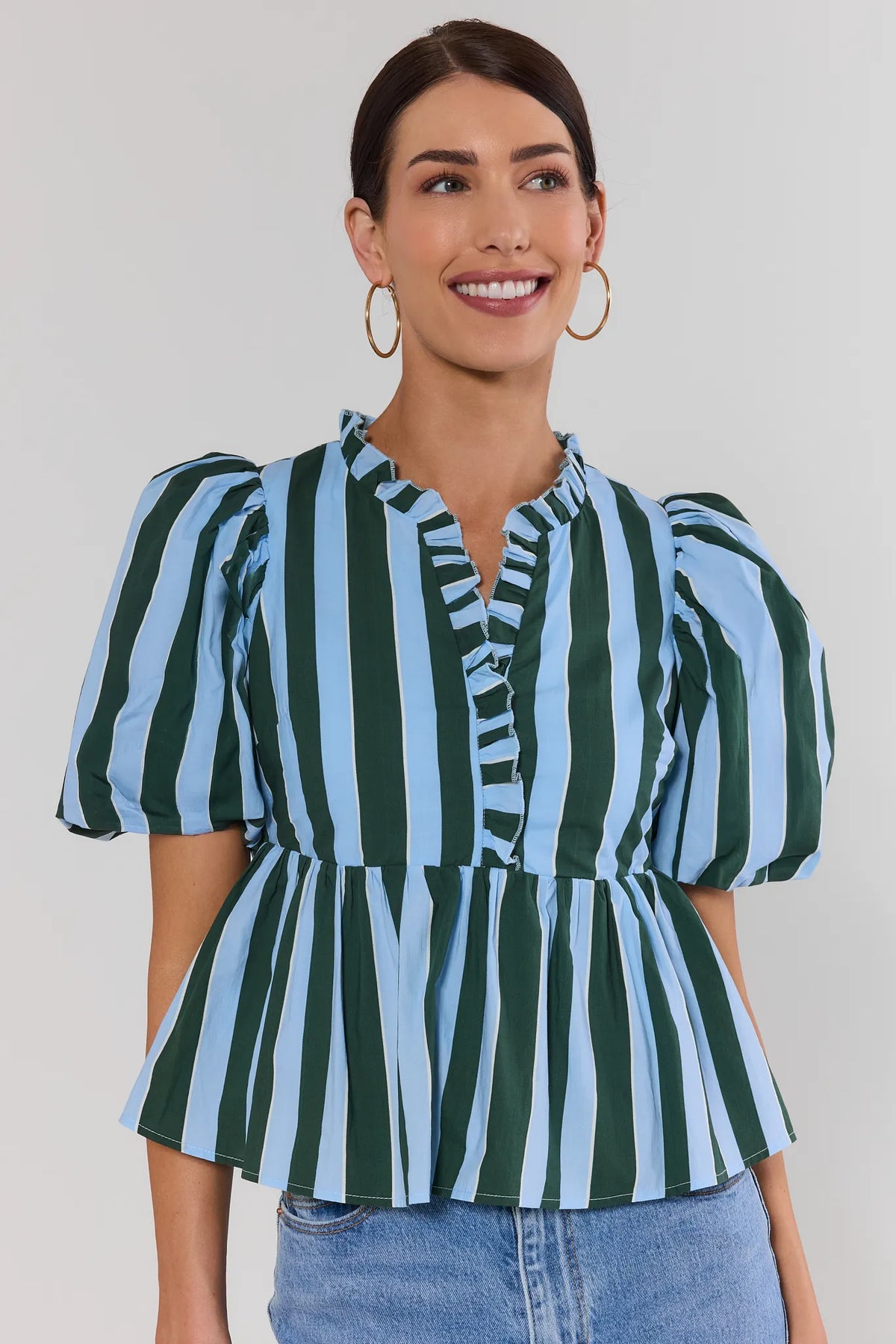 Blue and green striped ruffle peplum top with puff sleeves - Front View | Avara