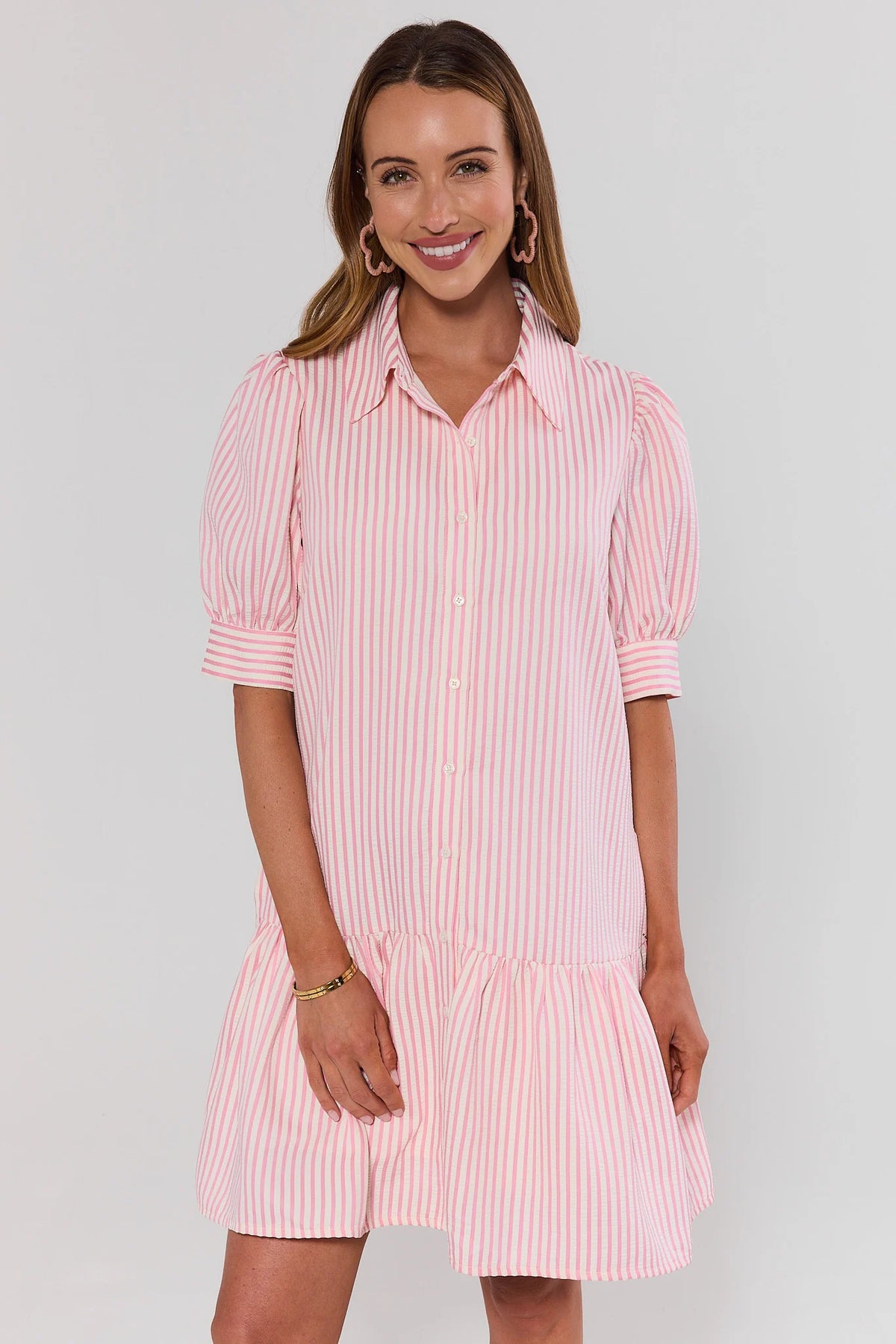 Beth Pink Striped Seersucker Short Dress - Front View On Model, Cute Dress for Women | Avara