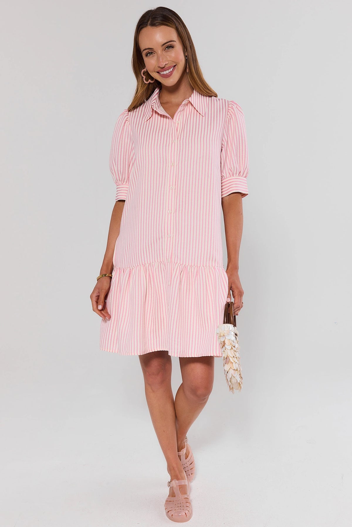 Beth Pink Striped Short Dress - Full Length Front View with Drop Ruffle Hem, Styled with Sandals | Avara