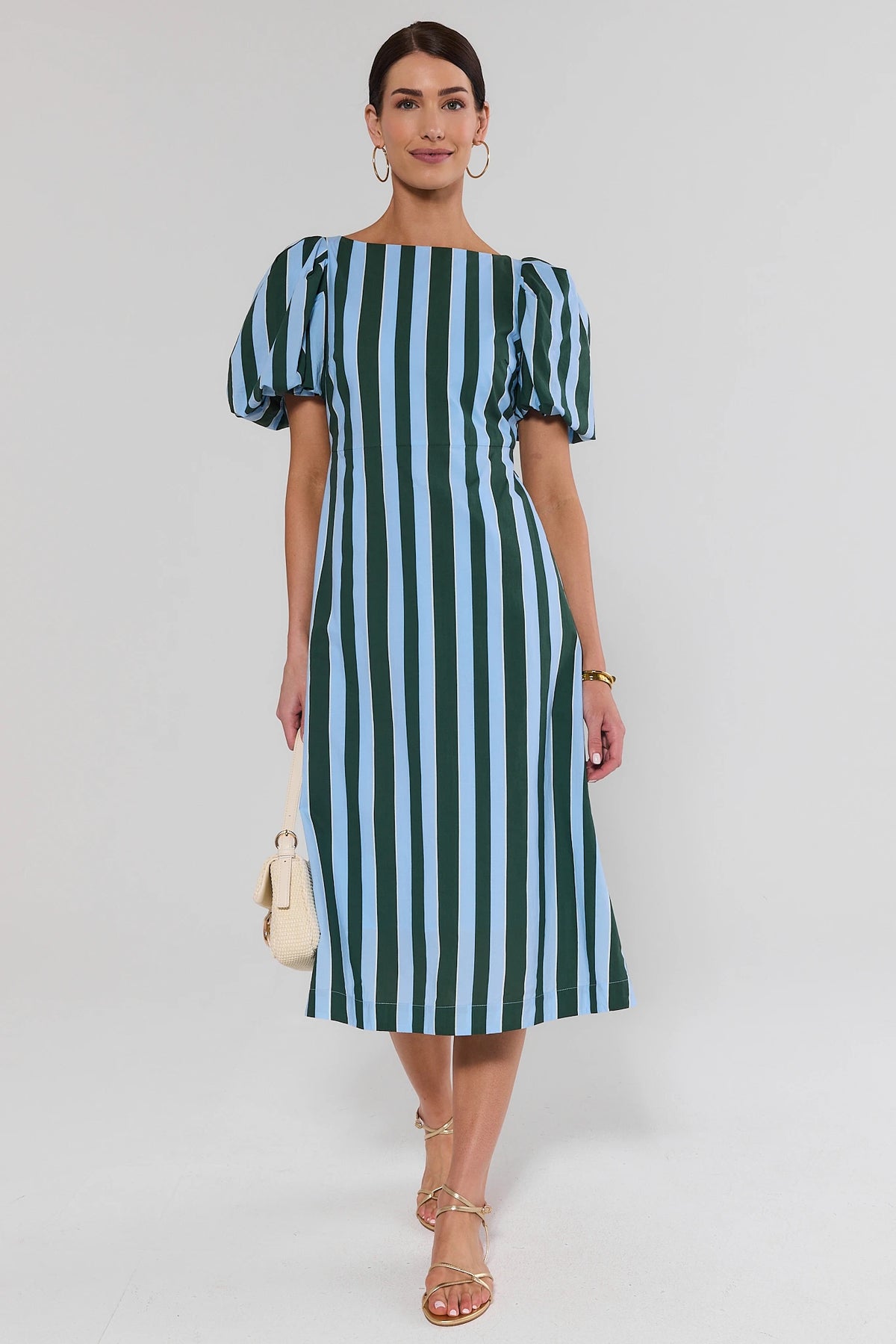 Blue and green striped puff sleeve midi dress, full-length front view styled with gold sandals | Avara