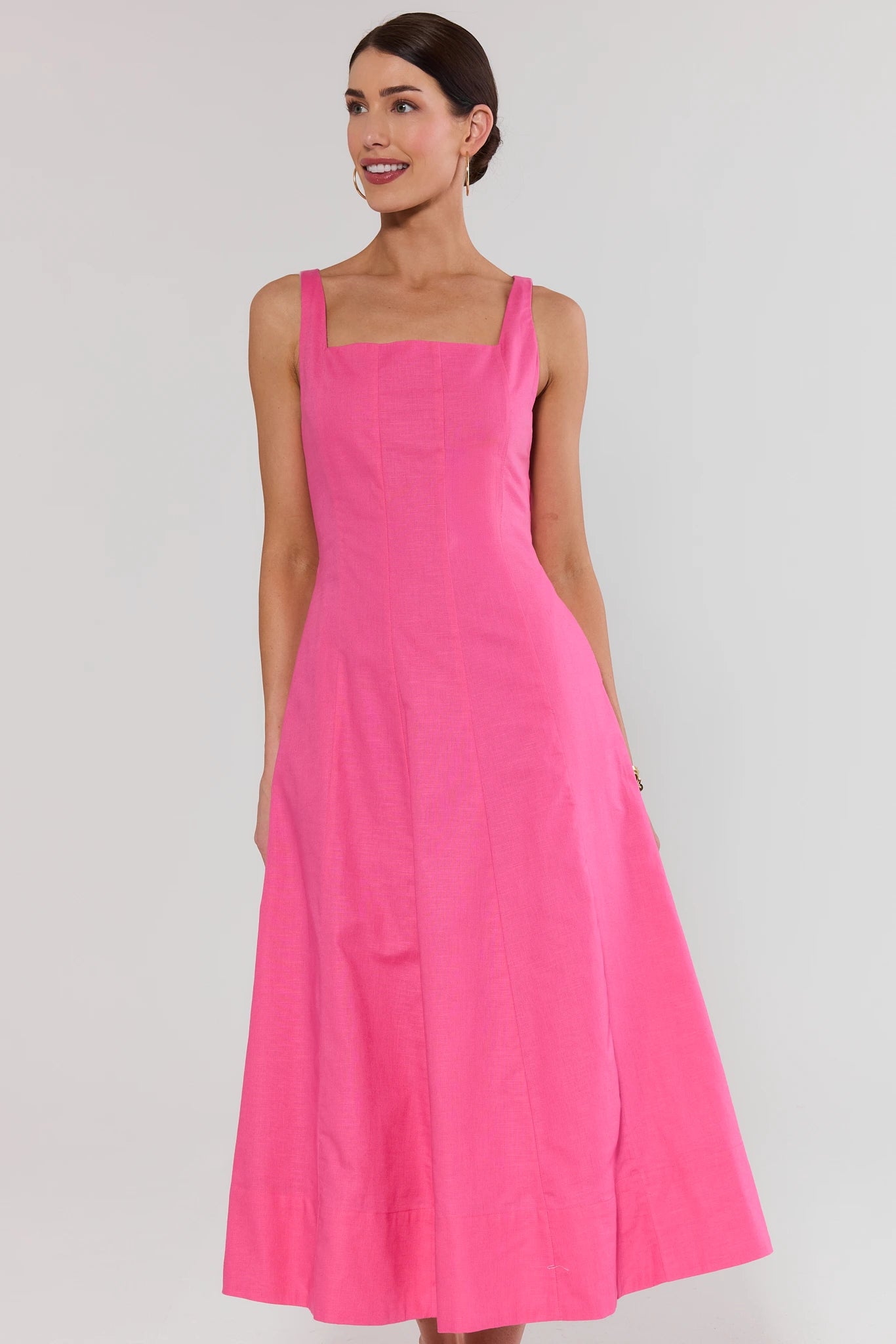 Pink Square Neck Midi Dress - Front View, Flowy A-Line Silhouette On Model | Avara