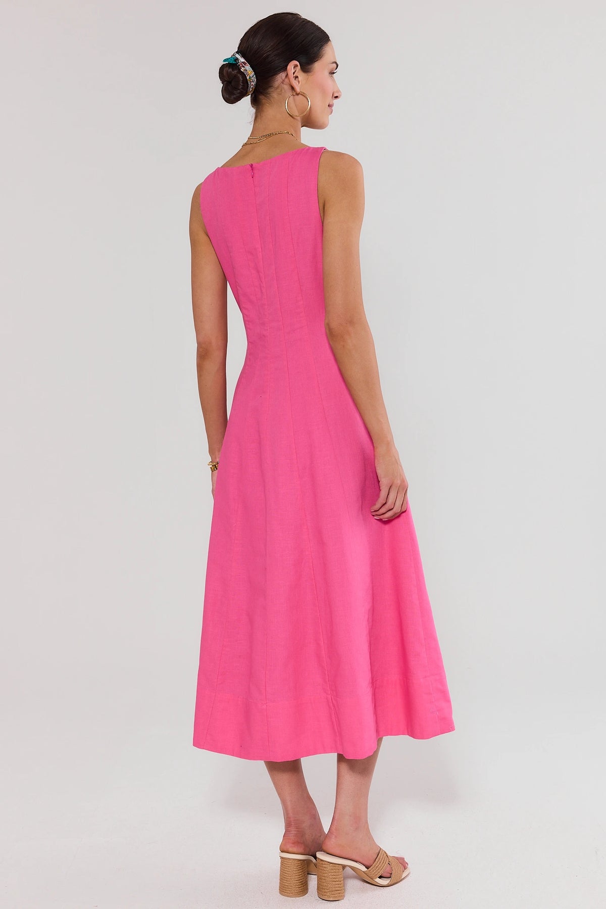 Pink Square Neck Midi Dress - Back View Showing A-Line Skirt and Hidden Zipper | Avara