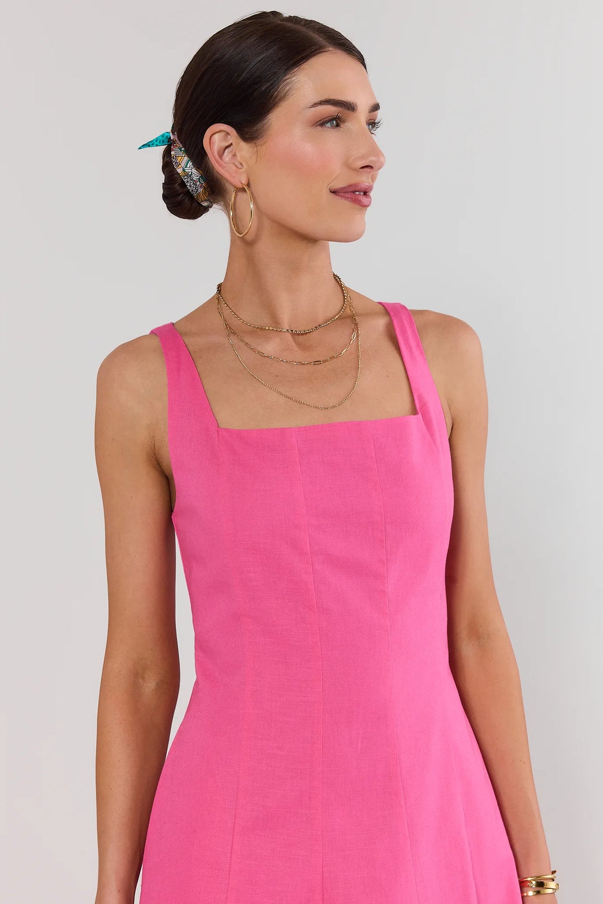 Pink Square Neck Midi Dress - Close-Up Neckline Detail with Gold Layered Necklace | Avara