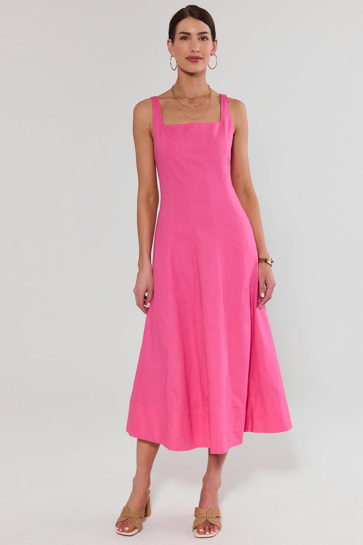 Pink Square Neck Midi Dress - Full Length Front View Styled with Woven Sandals | Avara