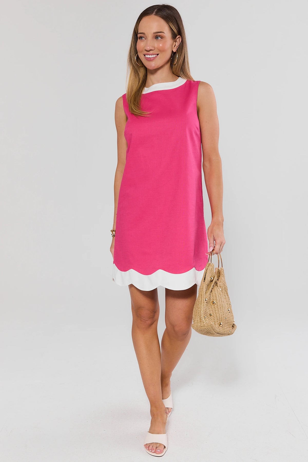 Pink contrast-trim short dress with white scalloped hem, styled with sandals and straw bag - Full Length | Avara