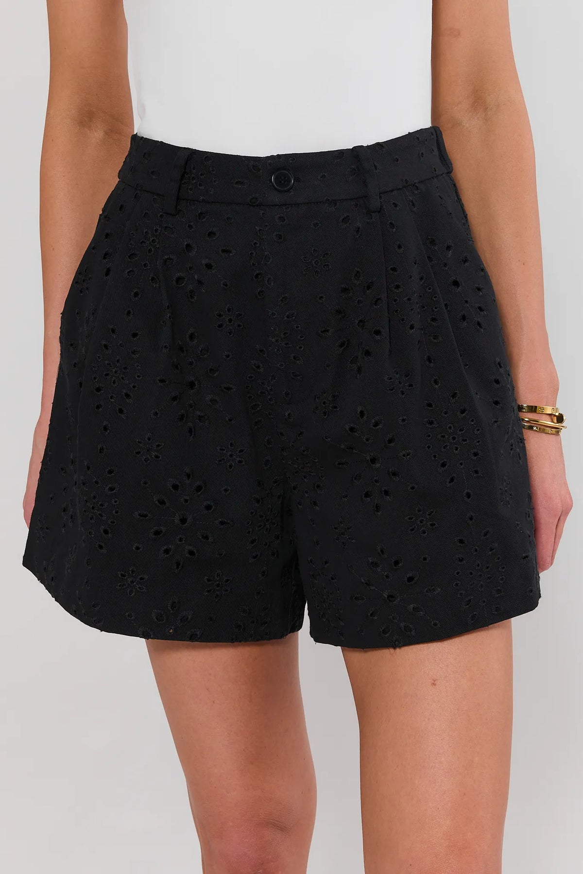 Black eyelet tailored shorts with high-rise waist and floral embroidery - Front Close-Up | Avara
