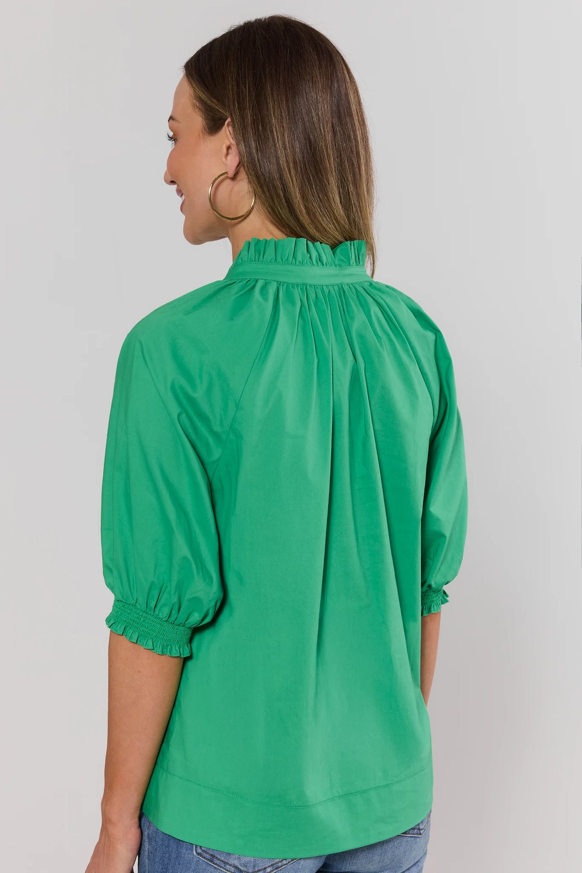 Merrick Green Split Neck Top back view showing gathered ruffle neckline and relaxed silhouette | Avara