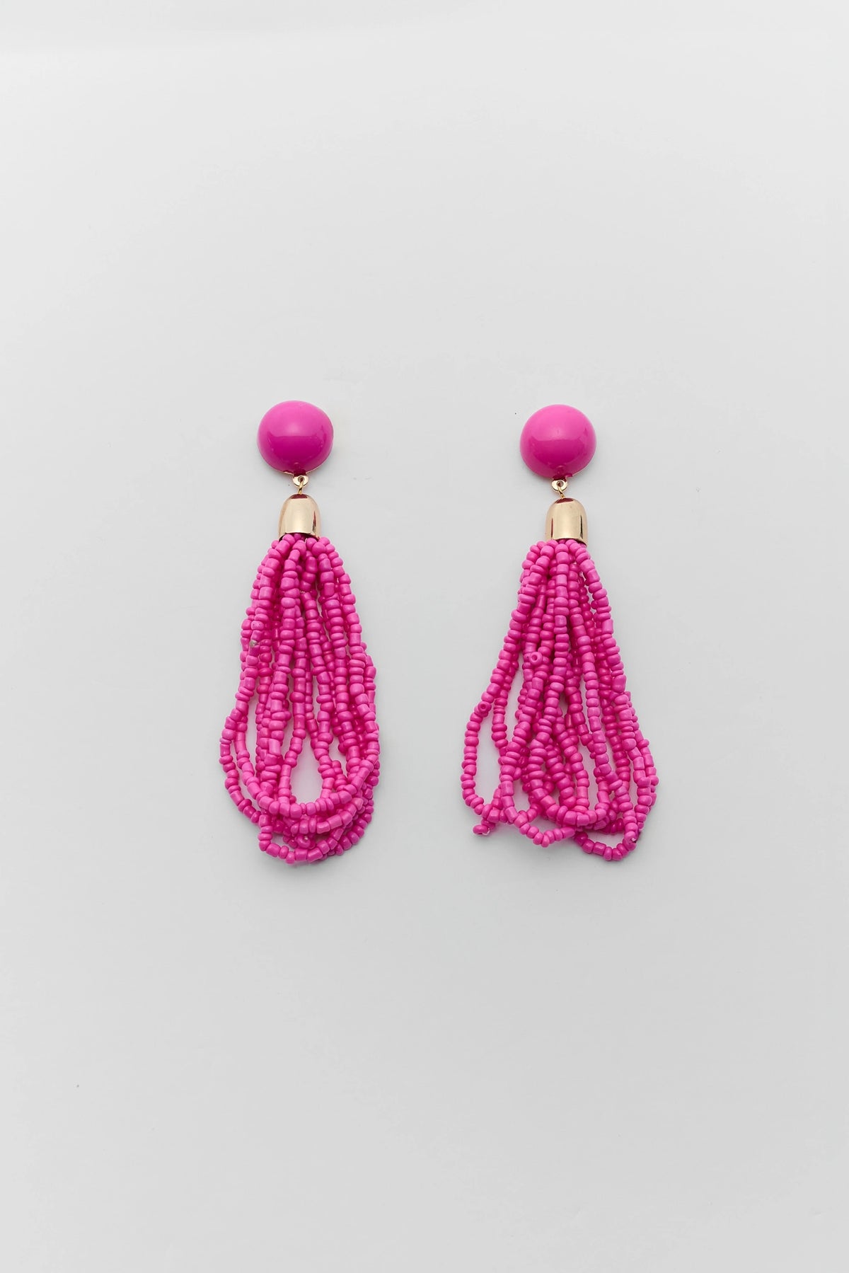 Hot Pink Beaded Drop Earrings with Ball Stud Top - Flat Lay | Avara