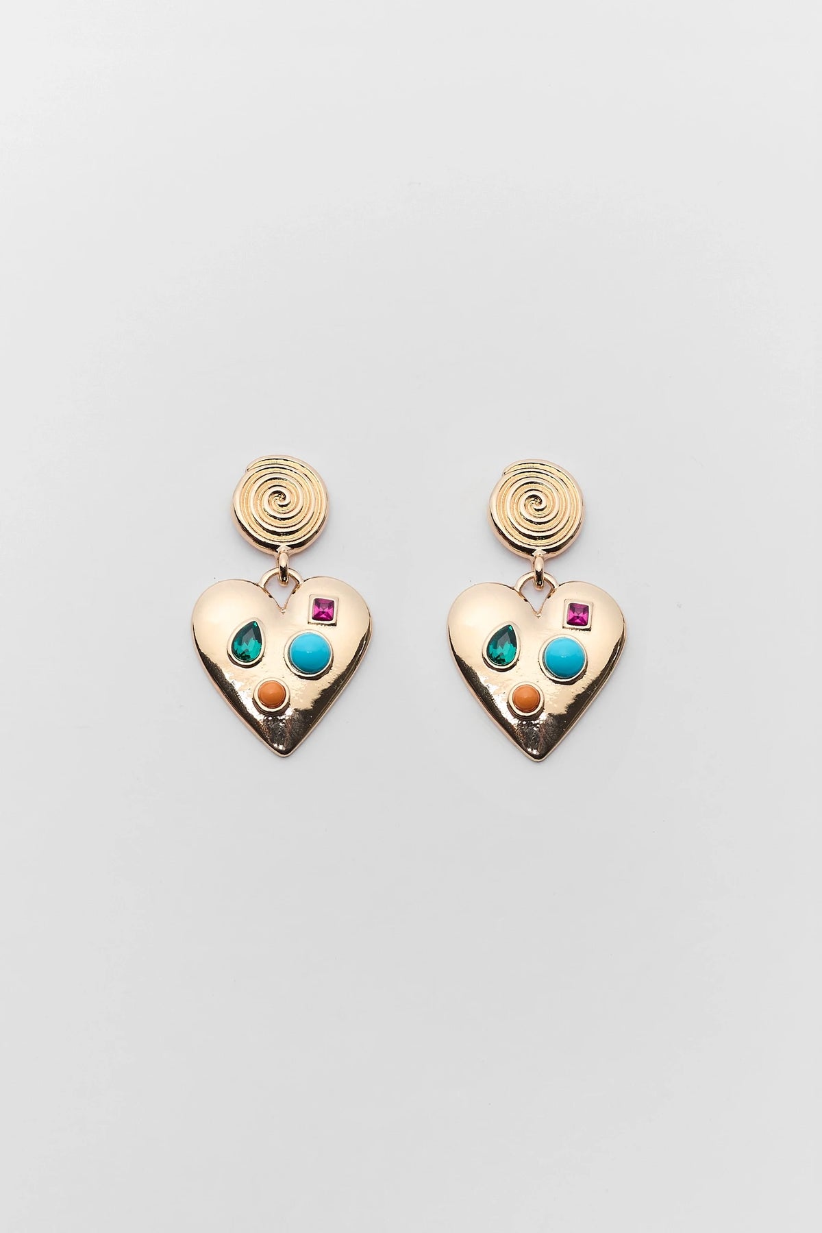 Gold Heart Gem Drop Earrings with multicolor gems, spiral post - Flat Lay | Avara