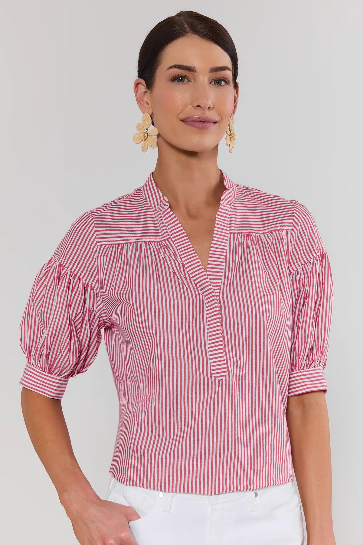 Melody Red Striped Short Sleeve Top - Front View, puff sleeve V-neck stripe top for women | Avara