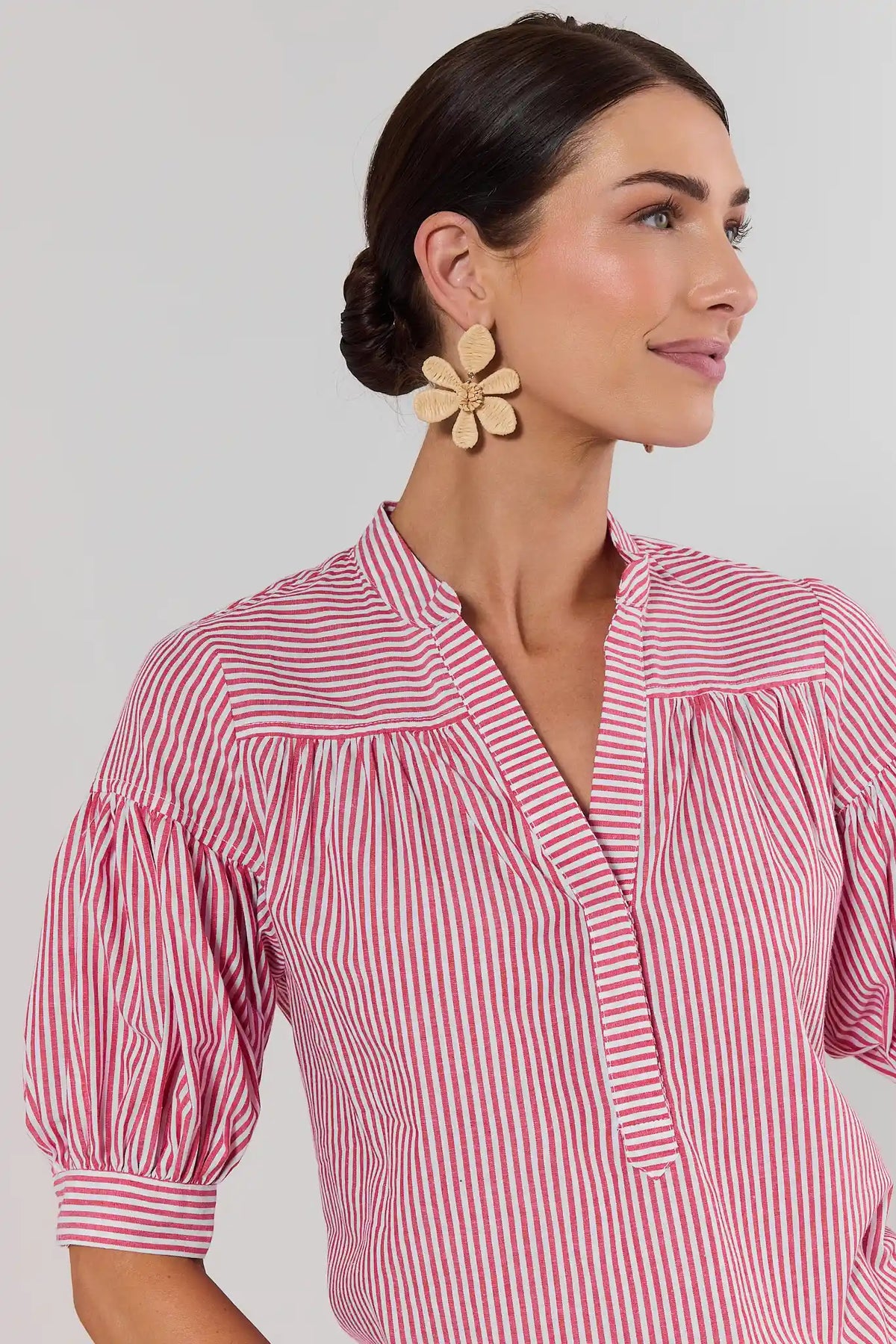 Melody Red Striped Short Sleeve Top - Close-Up Neckline Detail, V-neck puff sleeve red stripe top | Avara