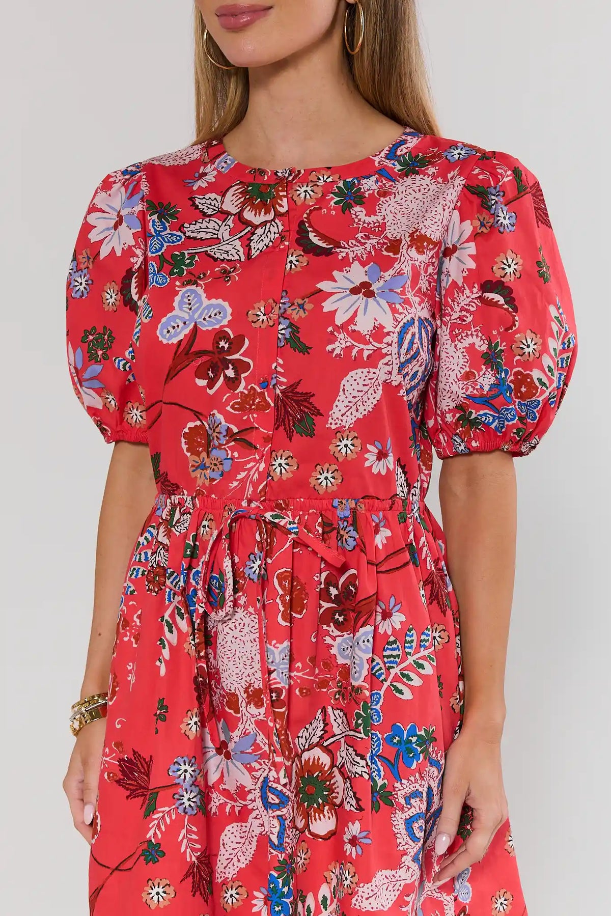 Coral floral short dress puff sleeve and drawstring waist close-up detail - On Model | Avara