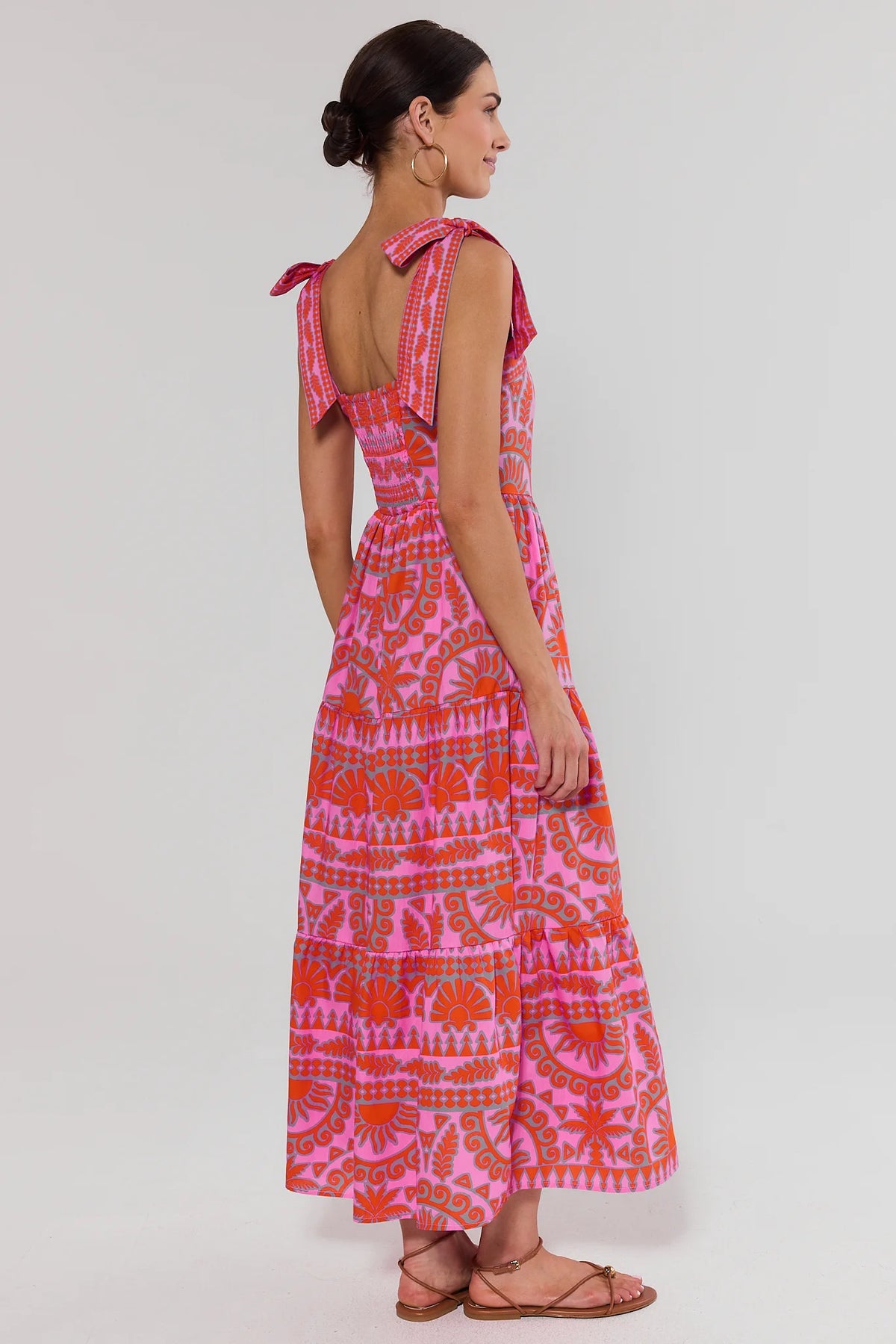 Pink Printed Tiered Maxi Dress - Back View, Open Back & Flowy Tiered Skirt | Avara