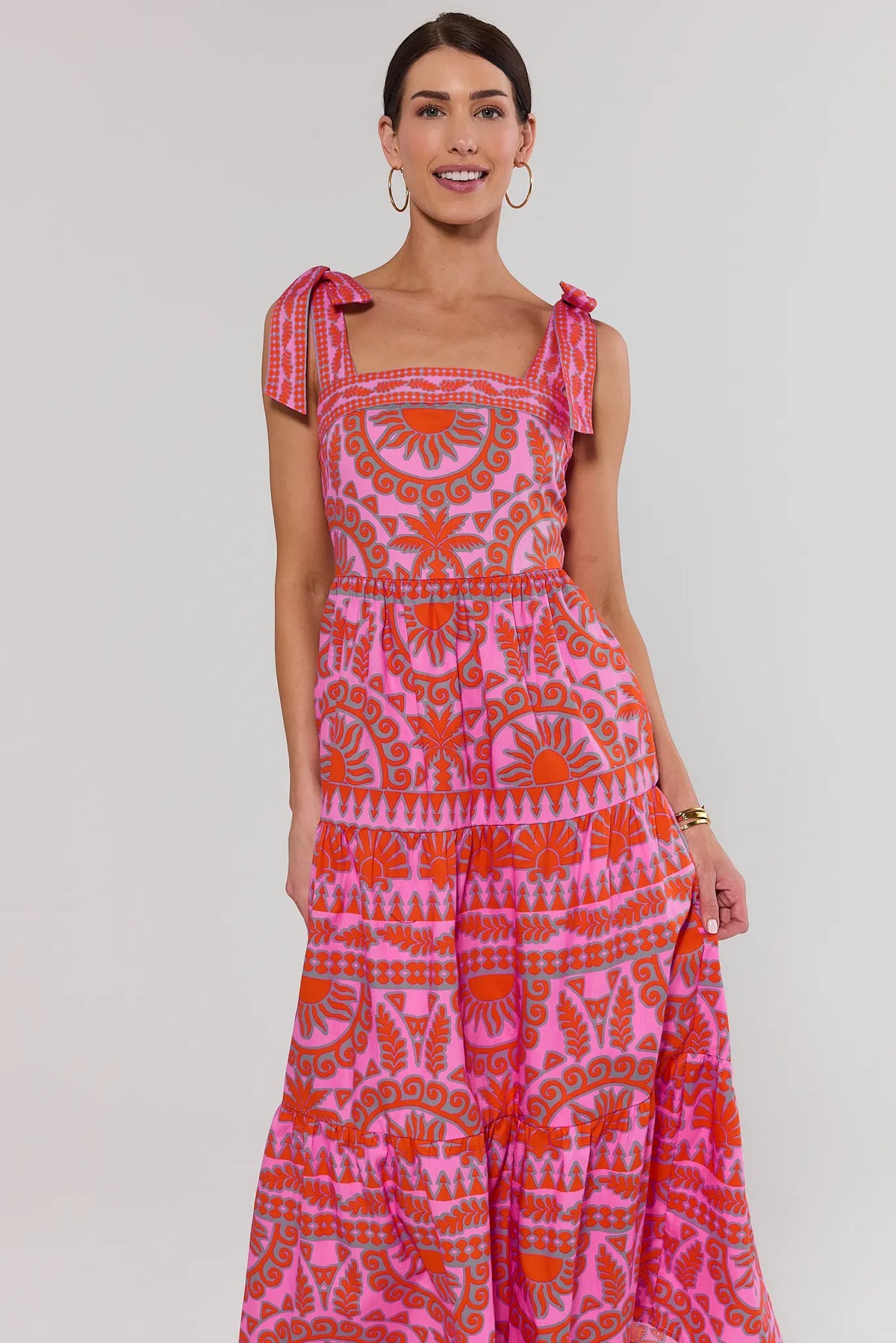 Pink & Orange Abstract Print Tiered Maxi Dress - Front Close-Up, Square Neck & Tie Straps | Avara