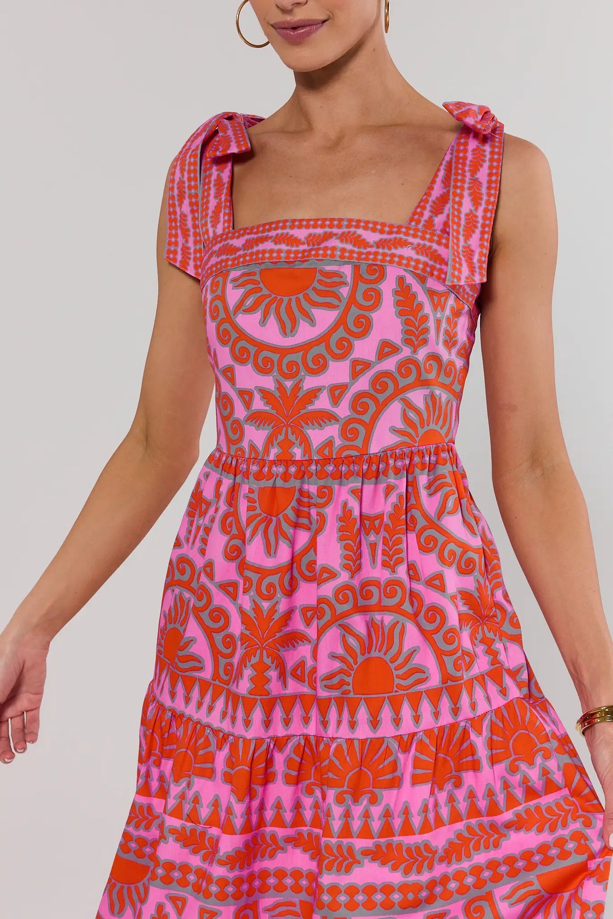 Pink Printed Tiered Maxi Dress - Bodice Detail, Square Neckline & Tie Shoulder Straps | Avara
