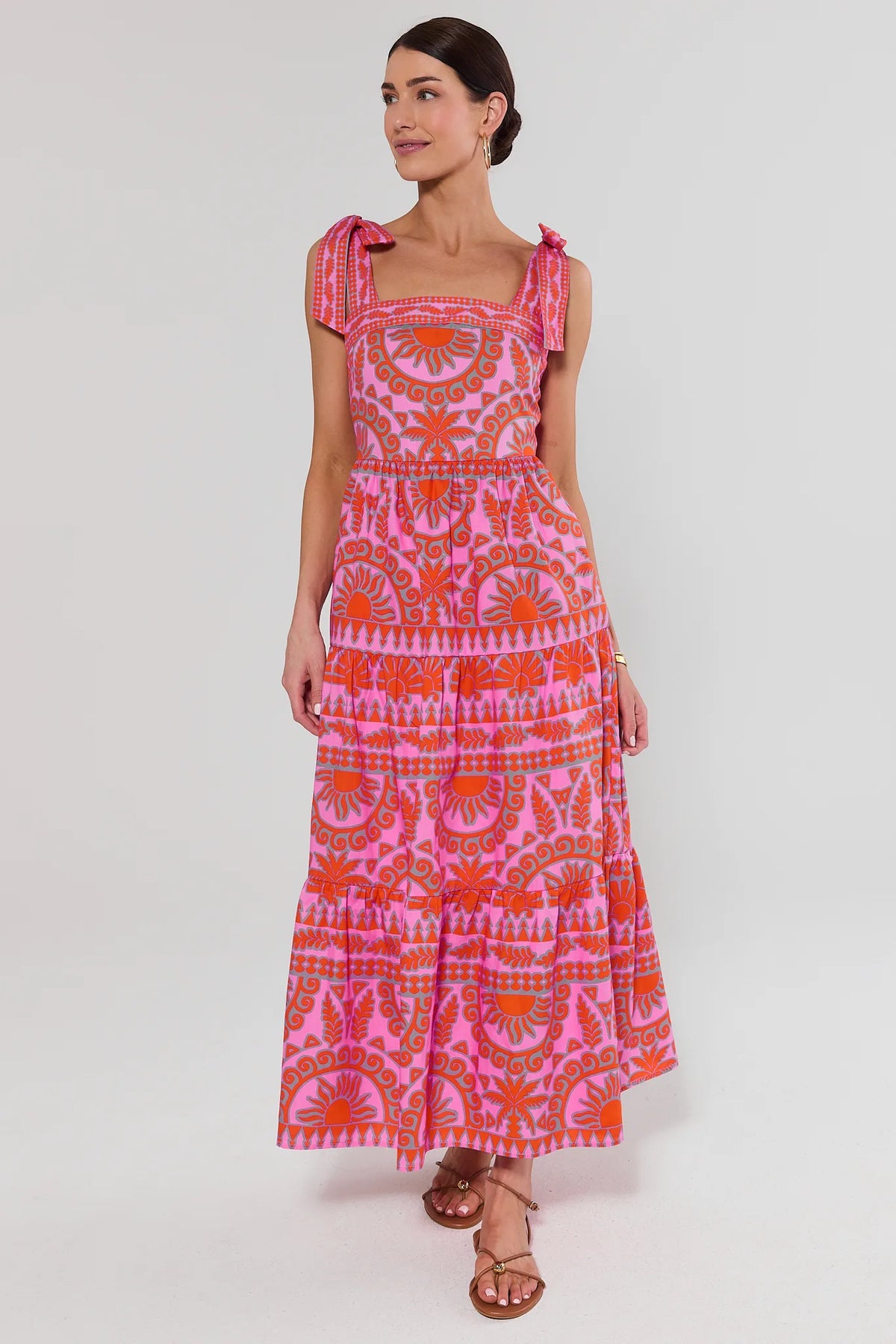 Pink & Orange Print Tiered Maxi Dress - Full Front View with Strappy Sandals | Avara