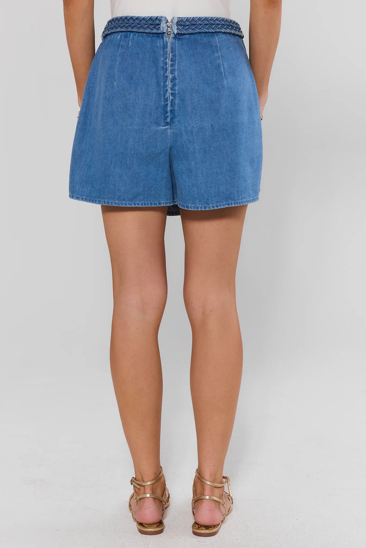 Farrah Women's Denim Wrap Skort with braided waistband - Back View On Model | Avara