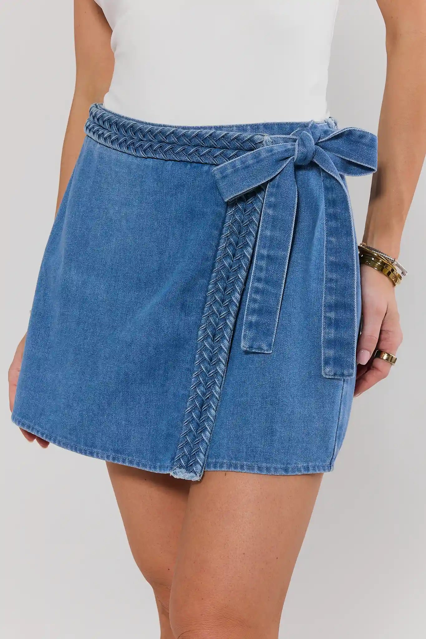 Farrah Denim Wrap Skort with braided tie waist - Close-Up Front Detail | Avara