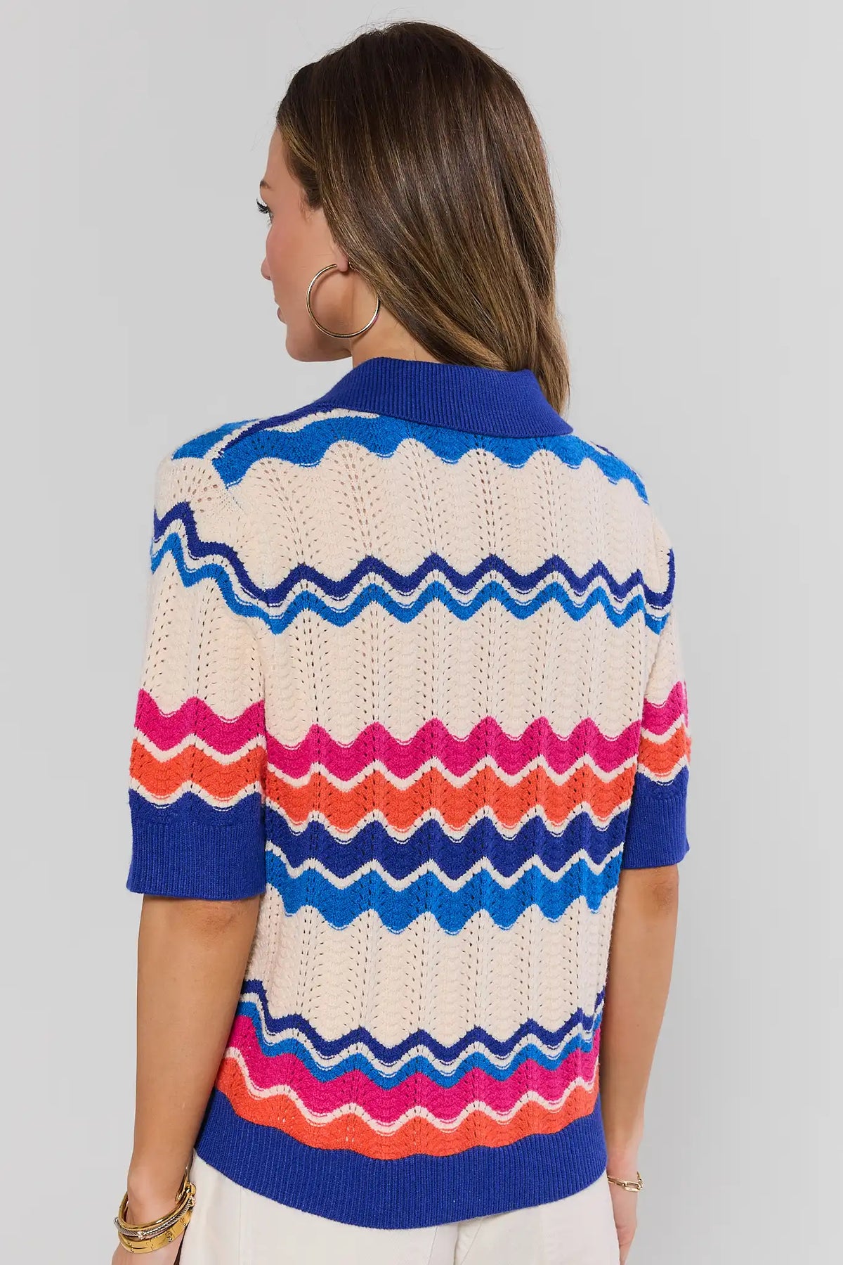 Betsy Knit Top by THML - back view showing wave stripe knit pattern and blue ribbed hem and cuffs | Avara